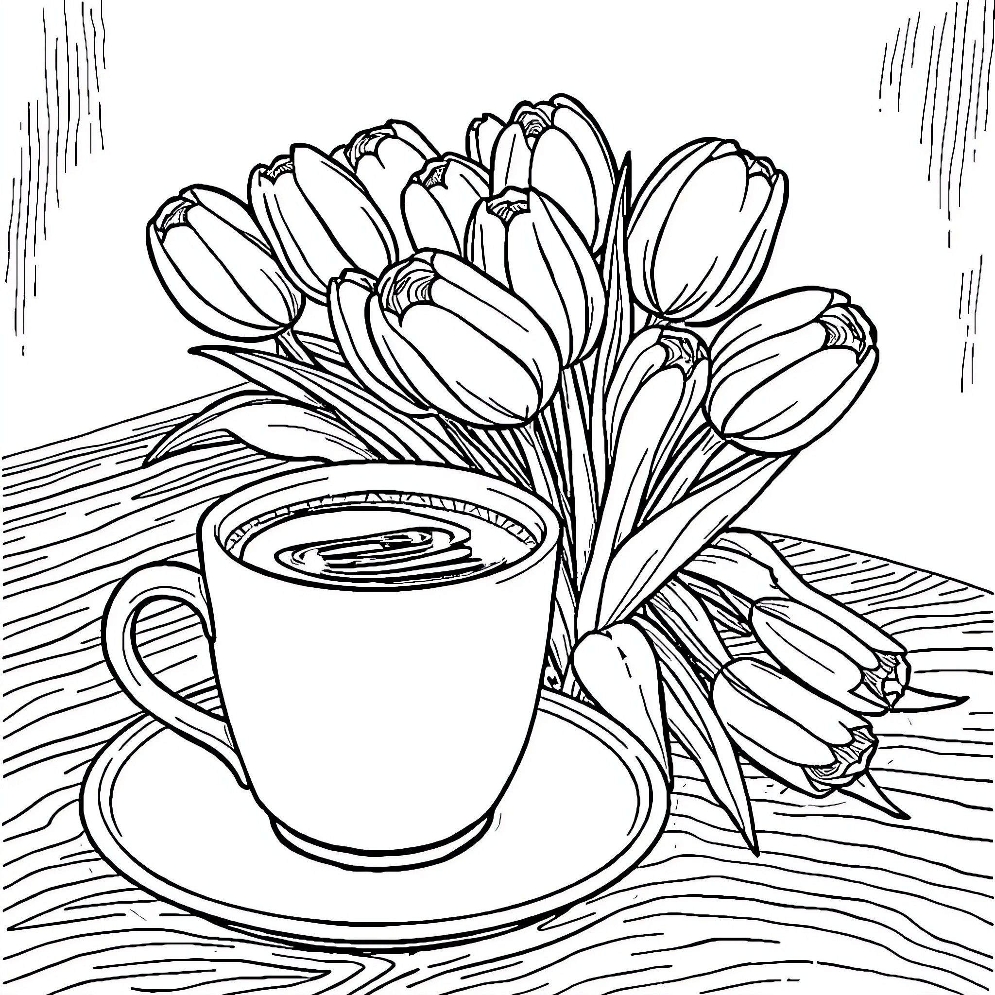Tasse of Tulips in Bloom Coloring Page (free black-and-white line drawing printable PDF for all, from beginners to advanced learners, including children, teens, adults, and seniors)