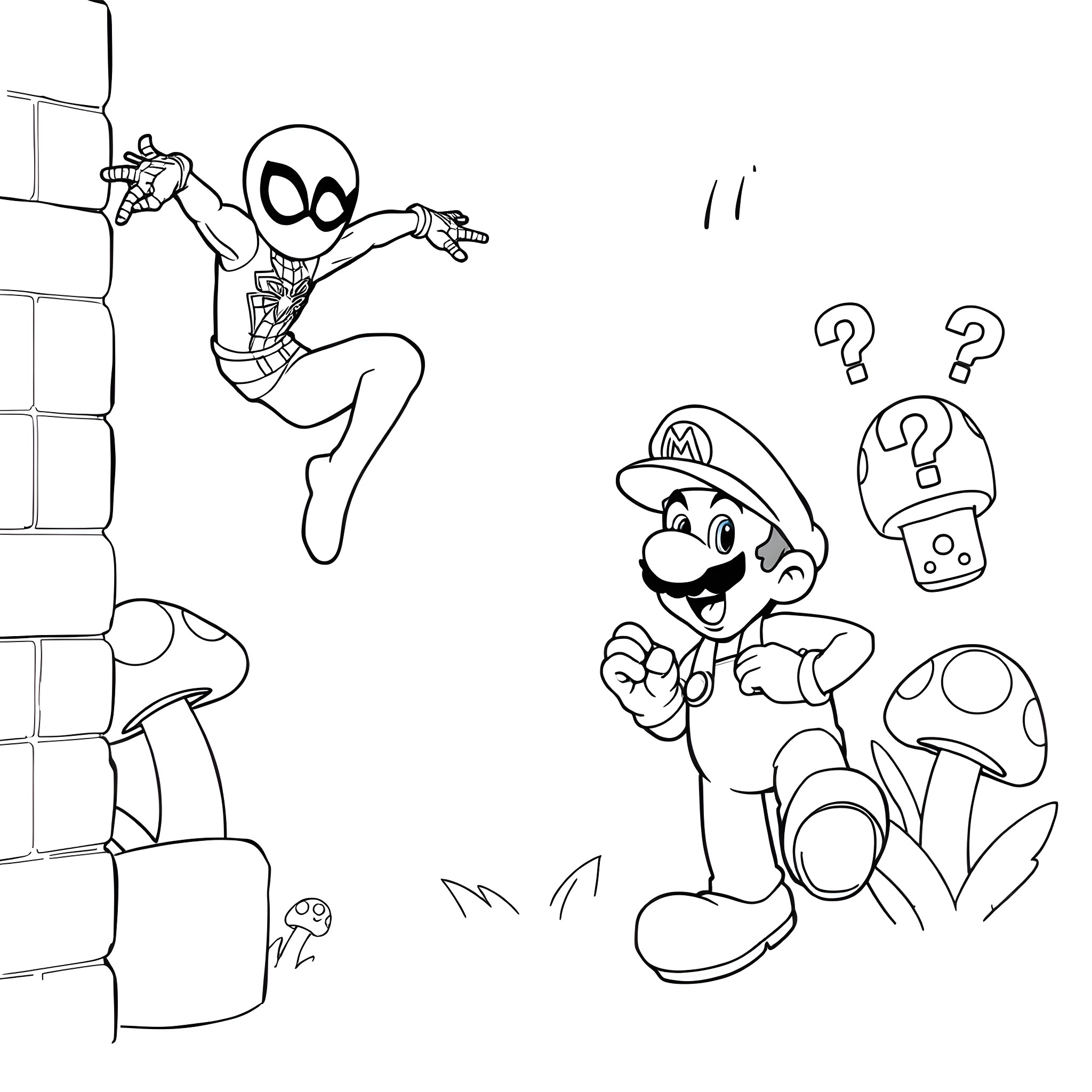 Spiderman encounters a curious Mario character Coloring Page (free black-and-white line drawing printable PDF for all, from beginners to advanced learners, including children, teens, adults, and seniors)