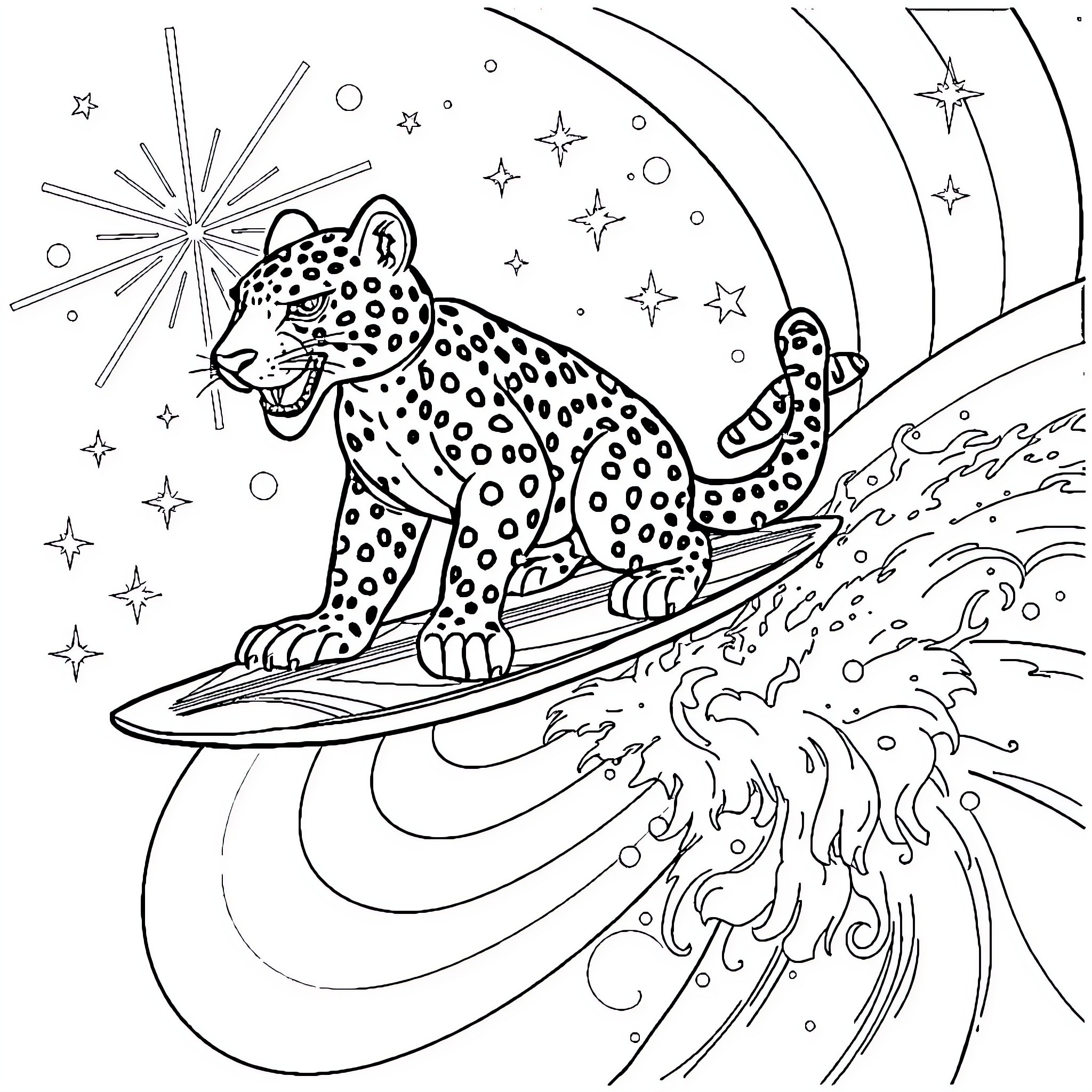 Jaguar surfing through cosmic waves and stars Coloring Page (free black-and-white line drawing printable PDF for all, from beginners to advanced learners, including children, teens, adults, and seniors)