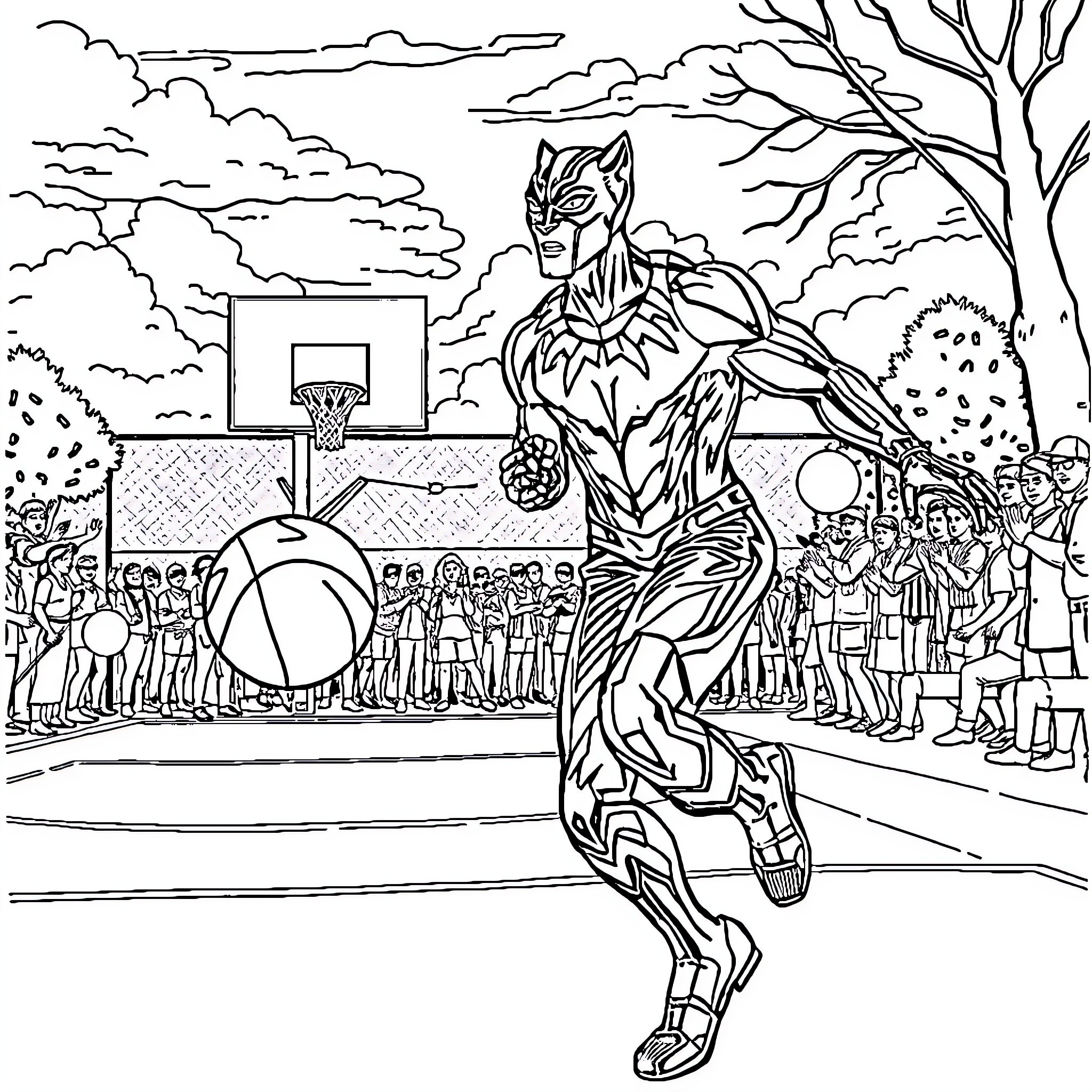 Panther superhero playing basketball with crowd Coloring Page (free black-and-white line drawing printable PDF for all, from beginners to advanced learners, including children, teens, adults, and seniors)