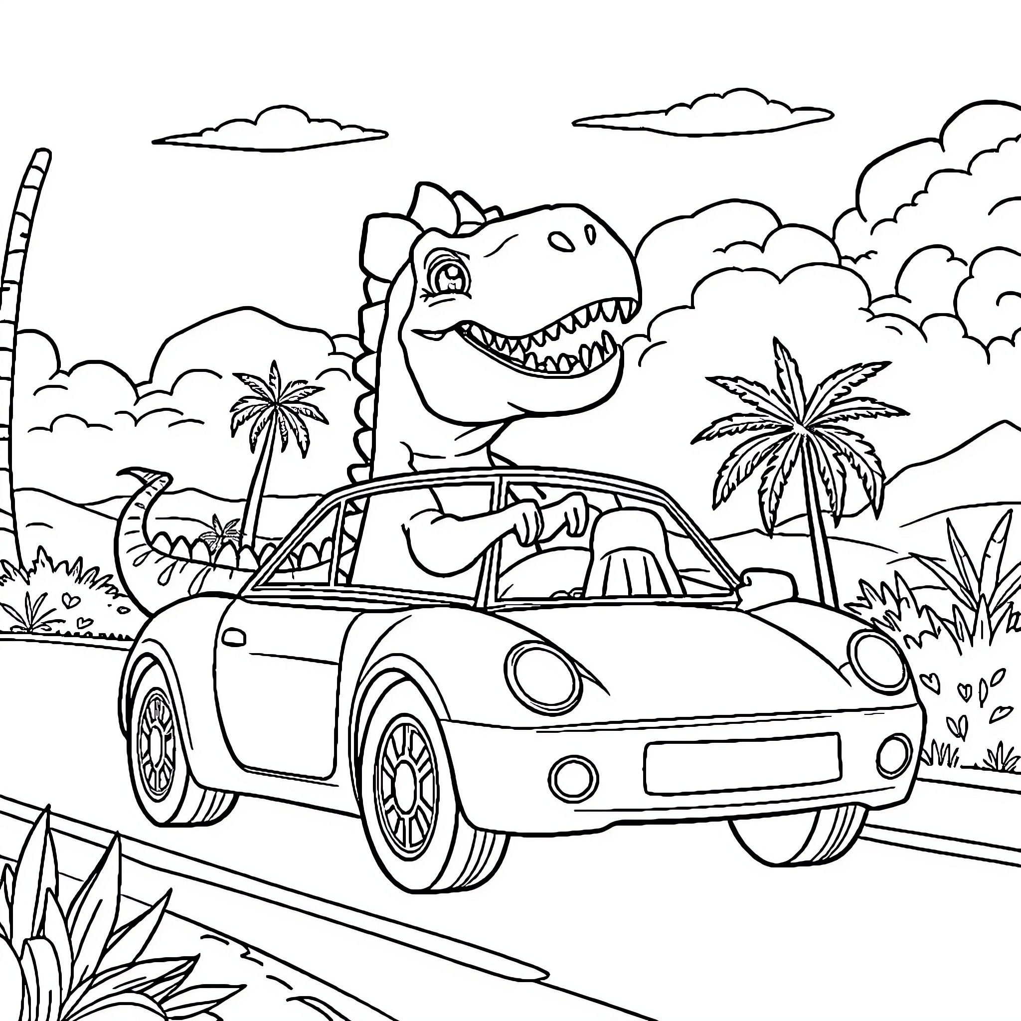 Dinosaur driving a car on a tropical road Coloring Page (free black-and-white line drawing printable PDF for all, from beginners to advanced learners, including children, teens, adults, and seniors)