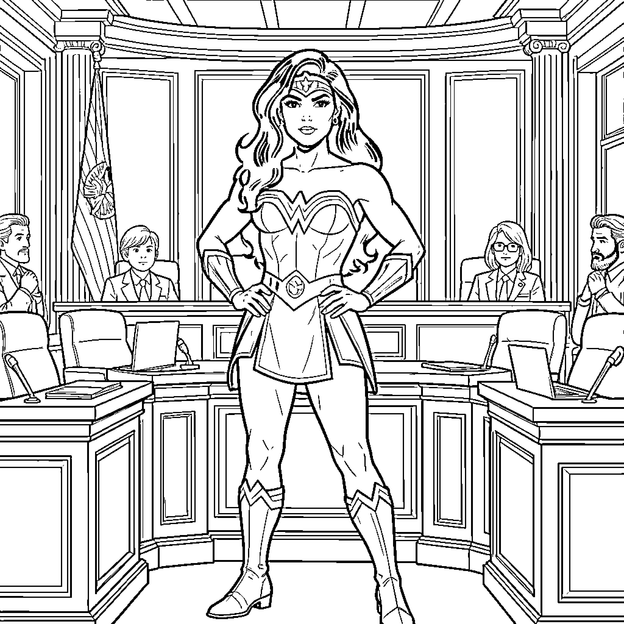 Wonder Woman in a heroic courtroom scene Coloring Page (free black-and-white line drawing printable PDF for all, from beginners to advanced learners, including children, teens, adults, and seniors)