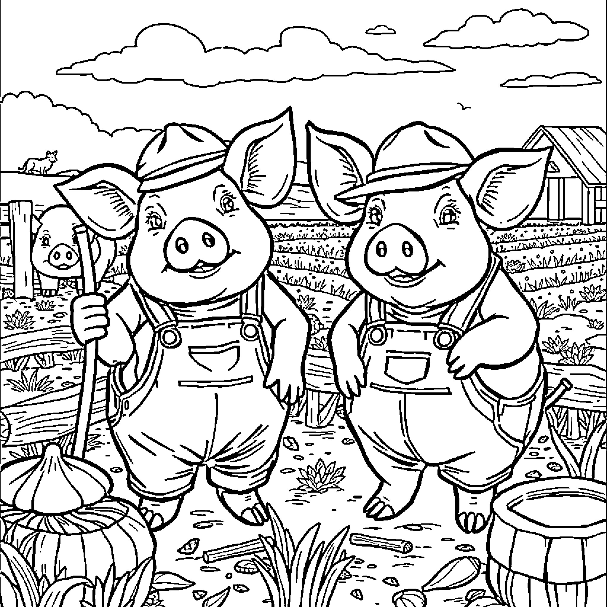 Pig farmers enjoying a day on the farm Coloring Page (free black-and-white line drawing printable PDF for all, from beginners to advanced learners, including children, teens, adults, and seniors)