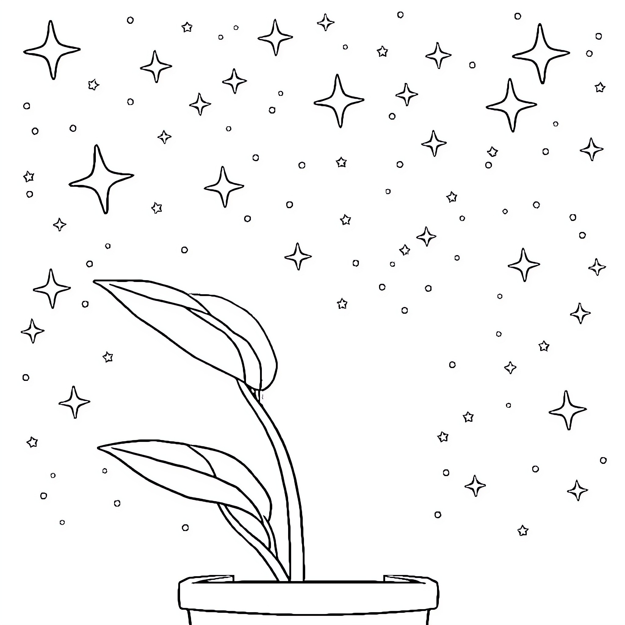 Pot Leaf plant with shooting stars in the night sky Coloring Page (free black-and-white line drawing printable PDF for all, from beginners to advanced learners, including children, teens, adults, and seniors)
