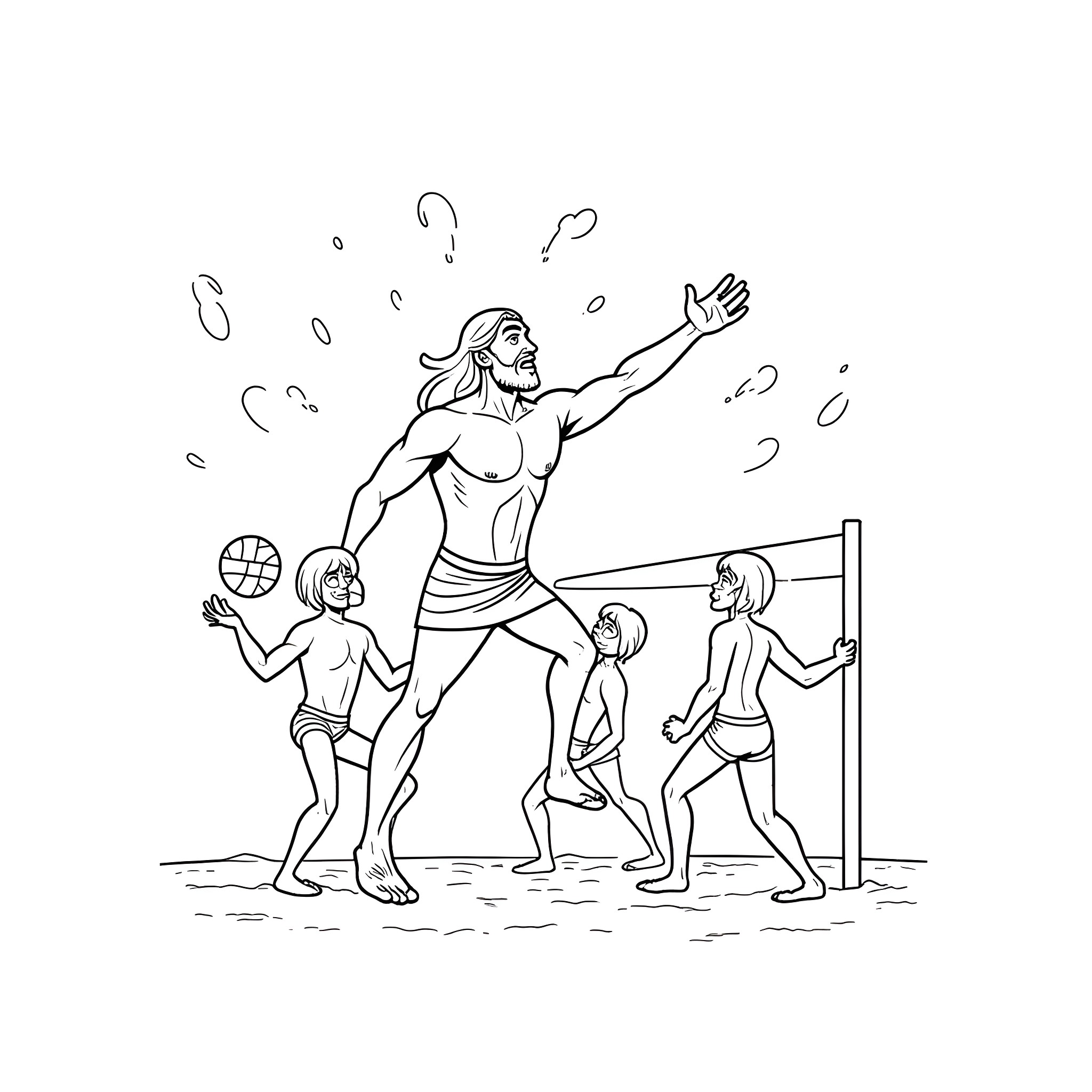 Jesus teaching and interacting with children playfully Coloring Page (free black-and-white line drawing printable PDF for all, from beginners to advanced learners, including children, teens, adults, and seniors)