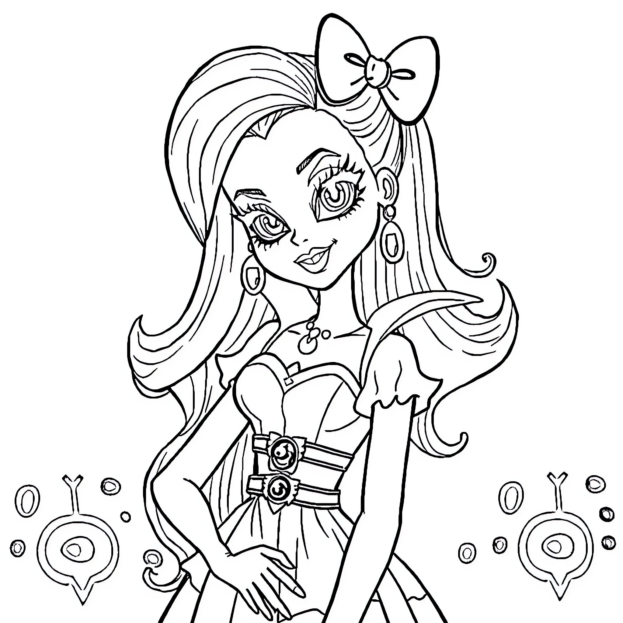 Draculaura in an animated, stylized pose Coloring Page (free black-and-white line drawing printable PDF for all, from beginners to advanced learners, including children, teens, adults, and seniors)