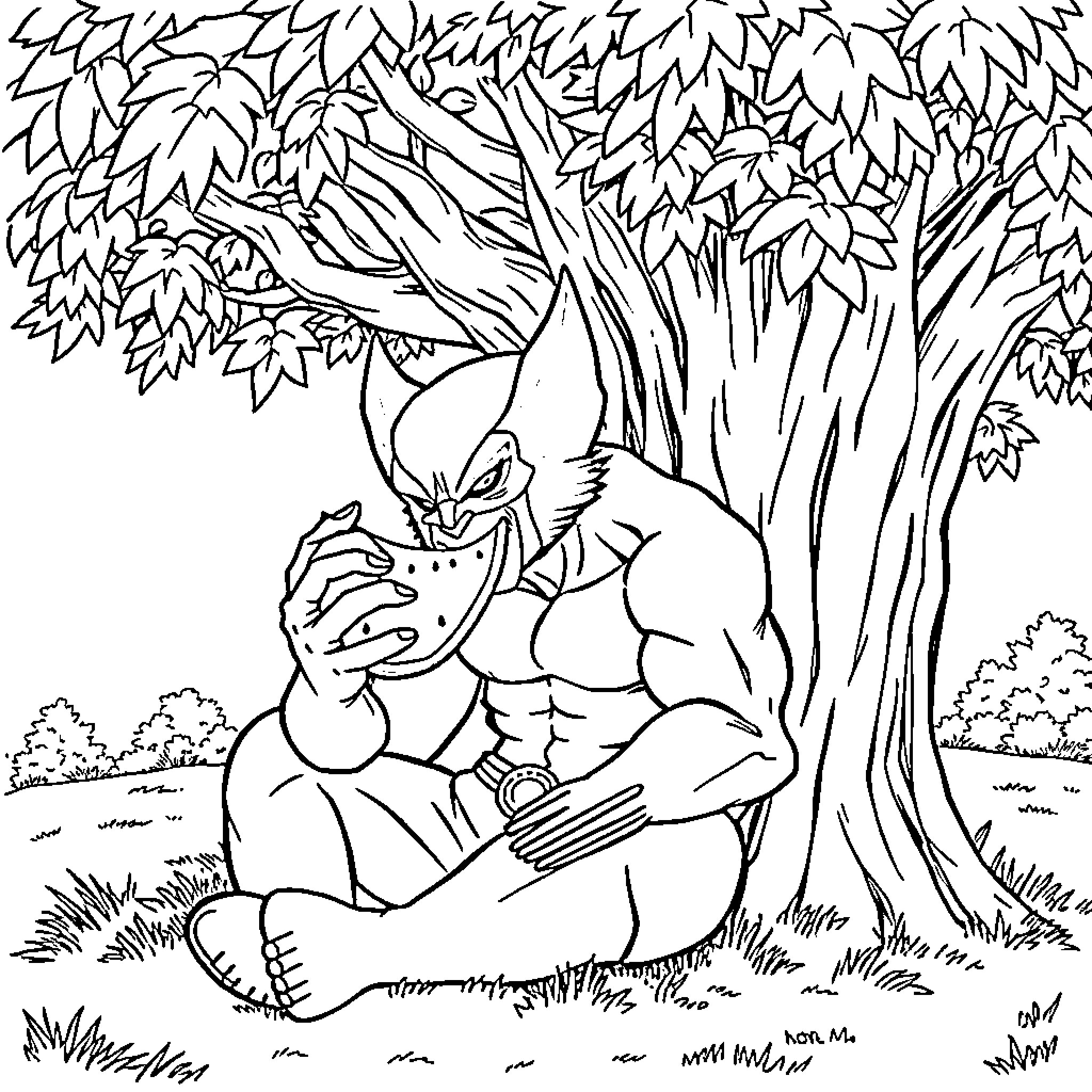 Wolverine resting in the wilderness Coloring Page (free black-and-white line drawing printable PDF for all, from beginners to advanced learners, including children, teens, adults, and seniors)
