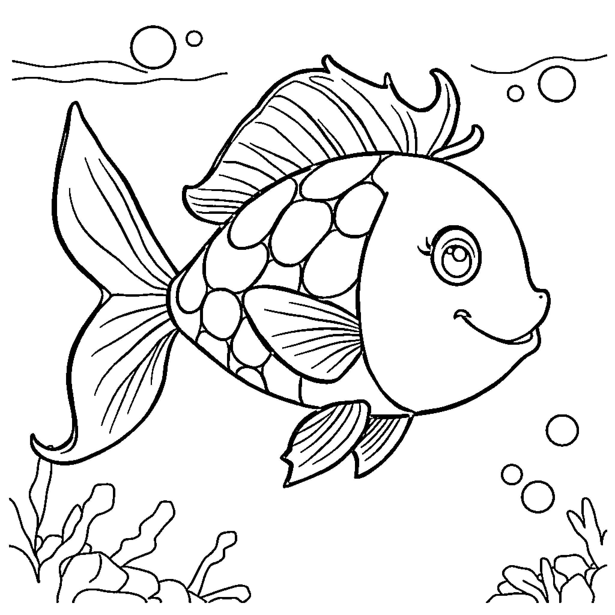 Ponyo swimming happily in the ocean Coloring Page (free black-and-white line drawing printable PDF for all, from beginners to advanced learners, including children, teens, adults, and seniors)