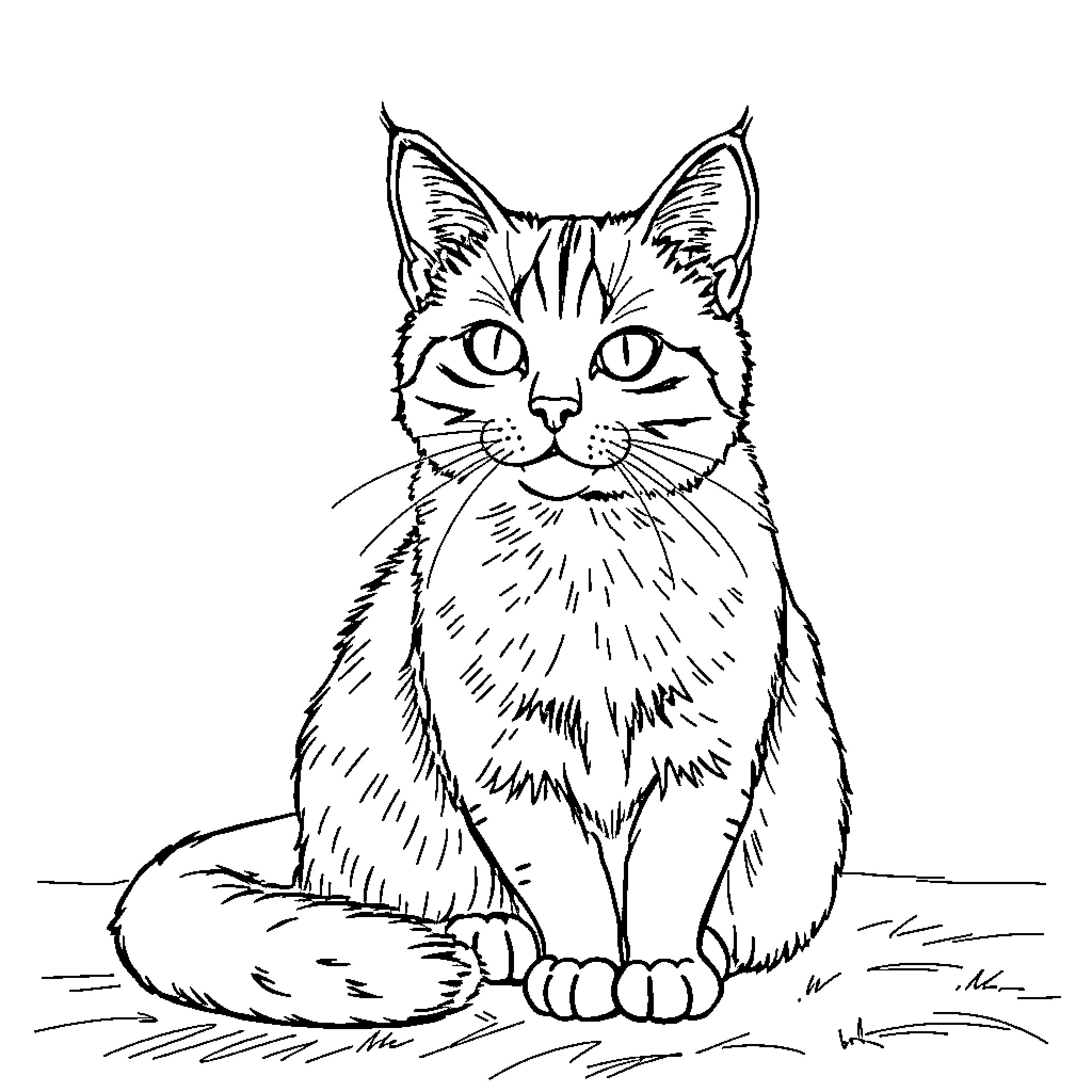 Cat in detailed line art style Coloring Page (free black-and-white line drawing printable PDF for all, from beginners to advanced learners, including children, teens, adults, and seniors)