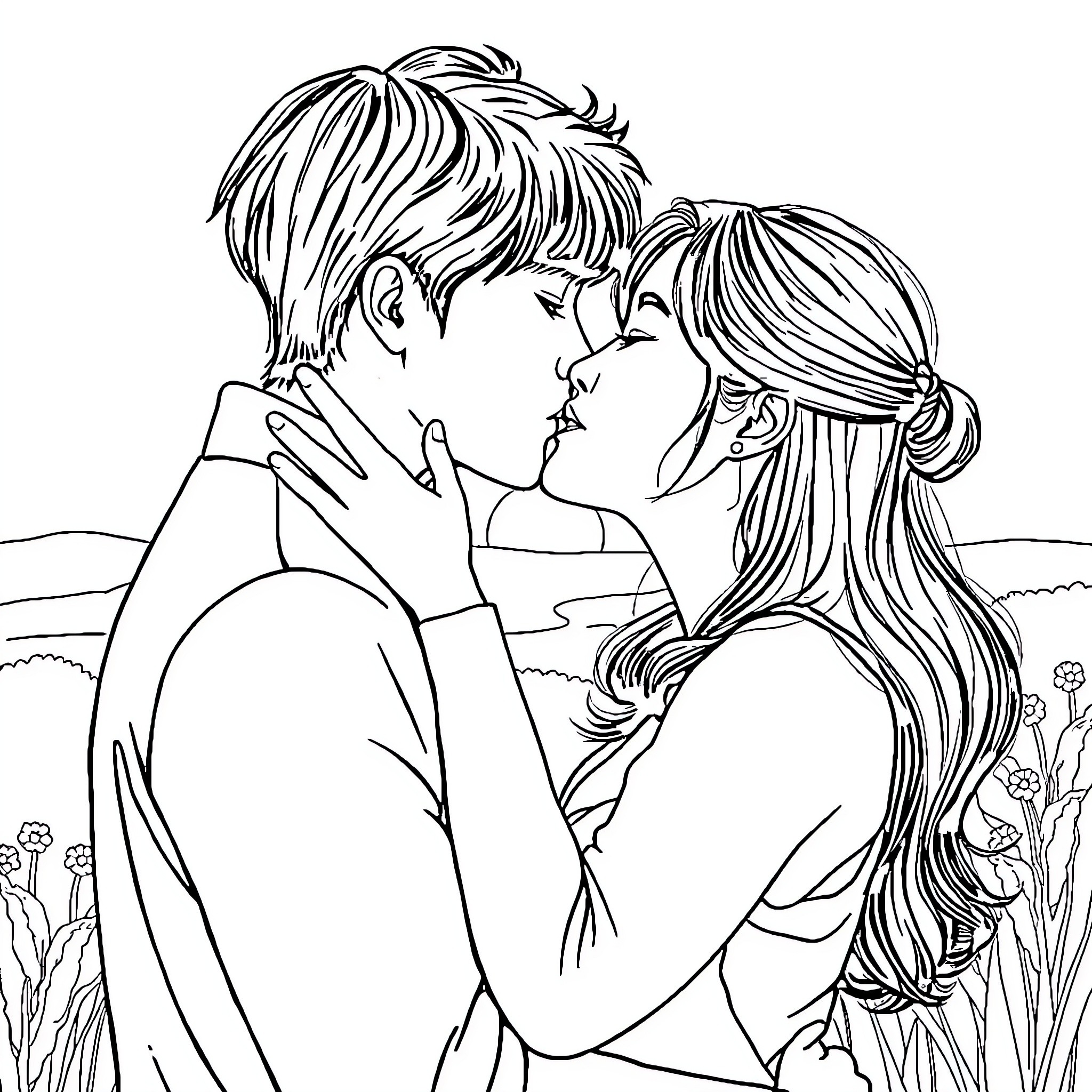 Kim Soo Hyun - Intimate moment between couple Coloring Page (free black-and-white line drawing printable PDF for all, from beginners to advanced learners, including children, teens, adults, and seniors)