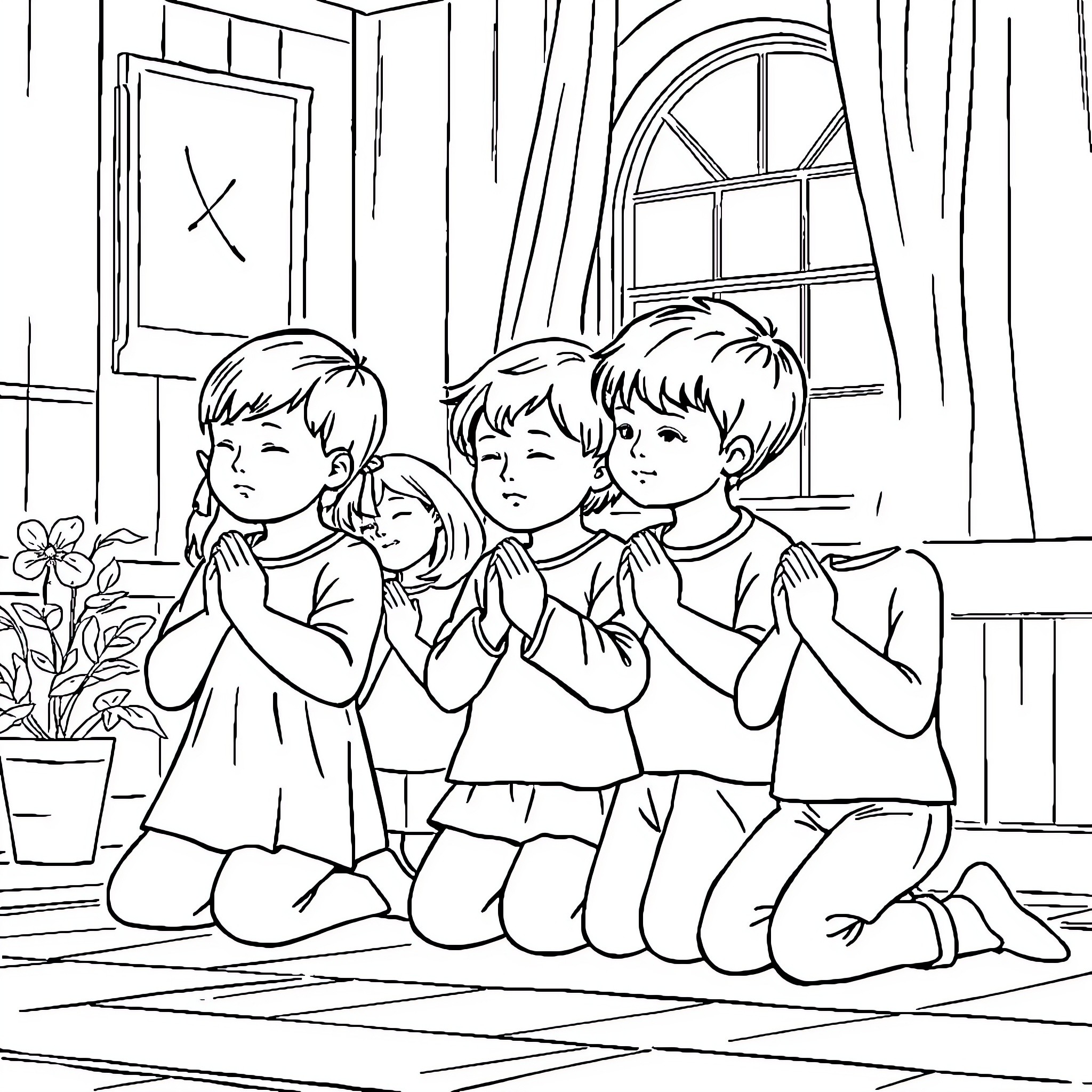 Children praying together in a room Coloring Page (free black-and-white line drawing printable PDF for all, from beginners to advanced learners, including children, teens, adults, and seniors)