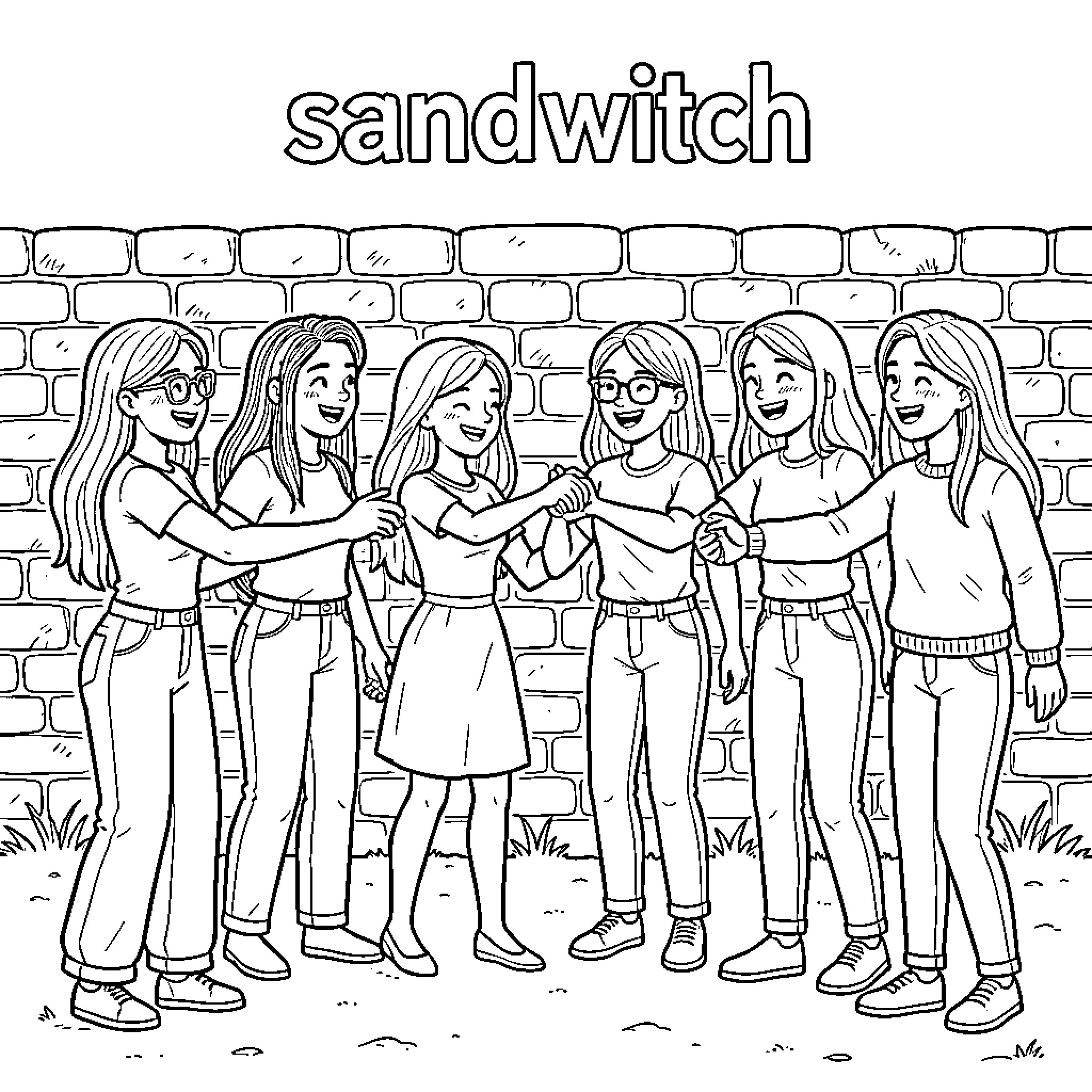 Girl friends posing together happily Coloring Page (free black-and-white line drawing printable PDF for all, from beginners to advanced learners, including children, teens, adults, and seniors)