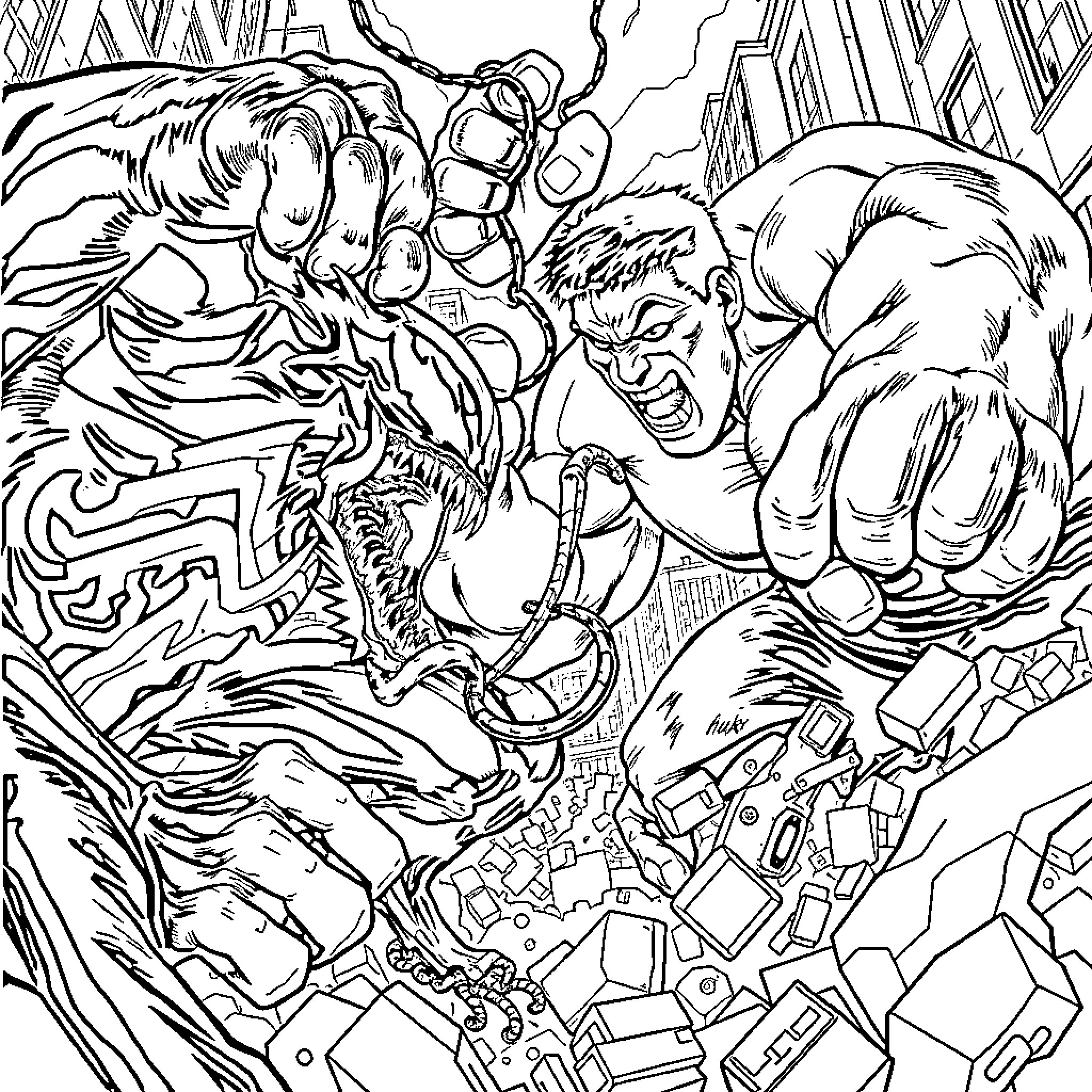 Venom Clash in the City Streets Coloring Page (free black-and-white line drawing printable PDF for all, from beginners to advanced learners, including children, teens, adults, and seniors)