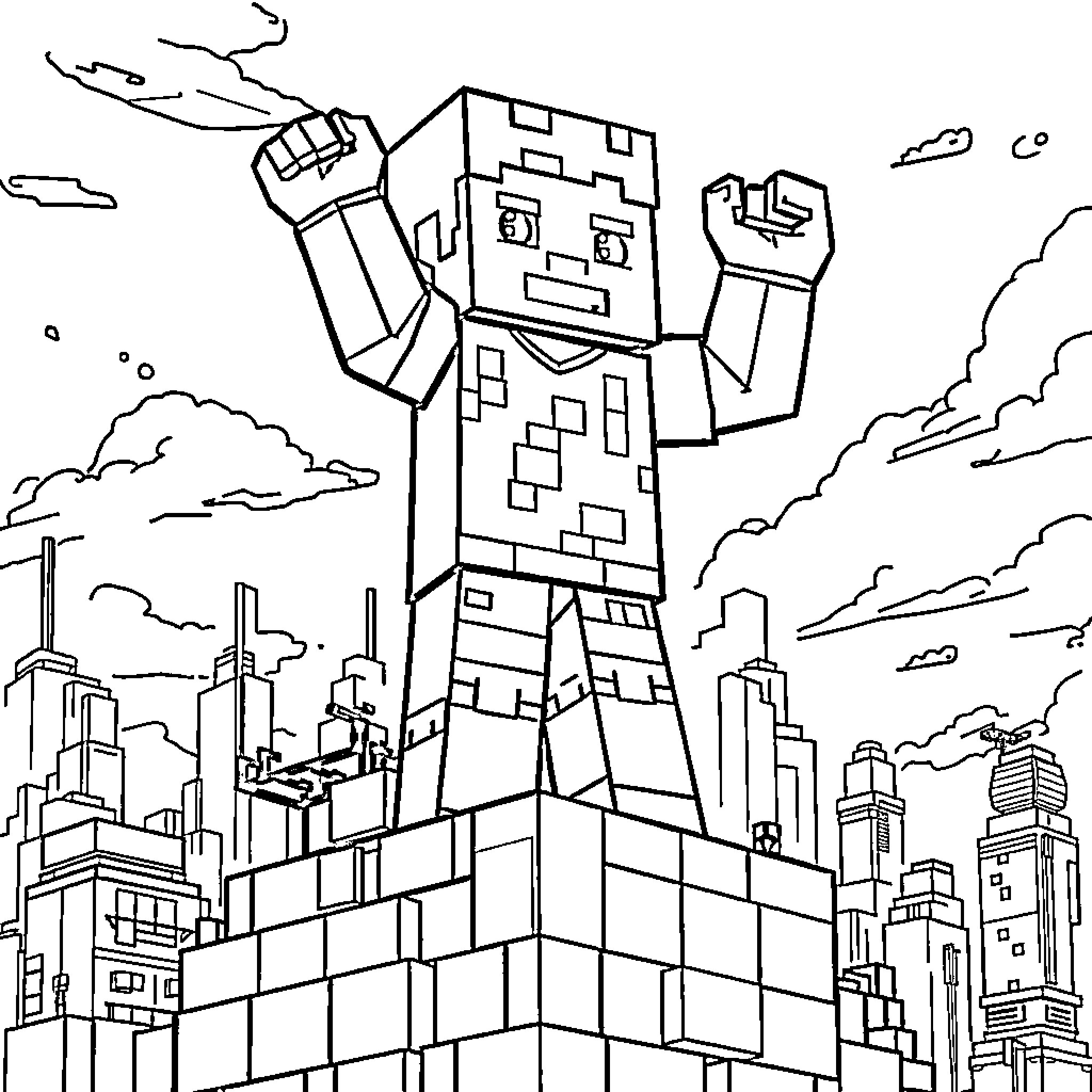 Steve exploring the towering city landscape Coloring Page (free black-and-white line drawing printable PDF for all, from beginners to advanced learners, including children, teens, adults, and seniors)