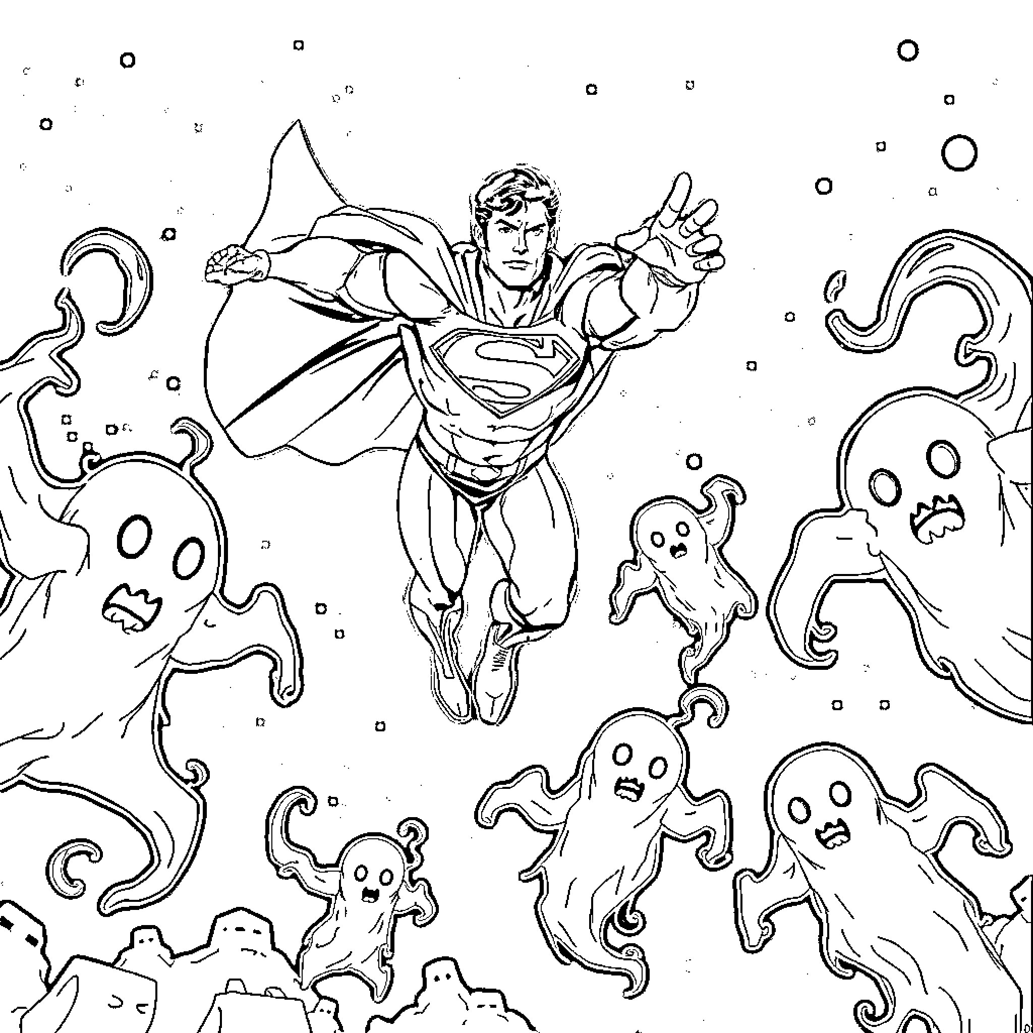 Superman battling ghostly entities in the cosmos Coloring Page (free black-and-white line drawing printable PDF for all, from beginners to advanced learners, including children, teens, adults, and seniors)