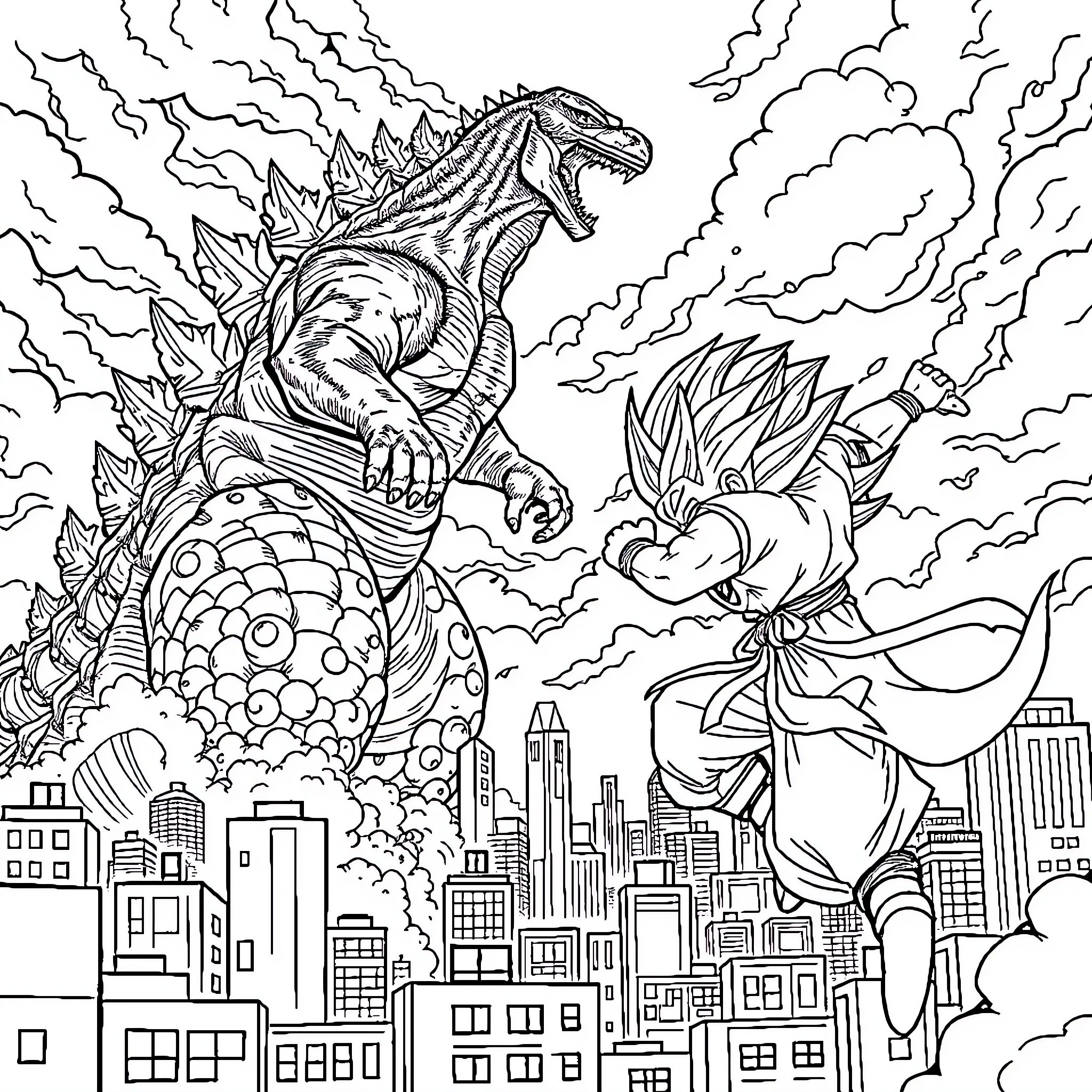Godzilla attacks the city with a powerful warrior Coloring Page (free black-and-white line drawing printable PDF for all, from beginners to advanced learners, including children, teens, adults, and seniors)