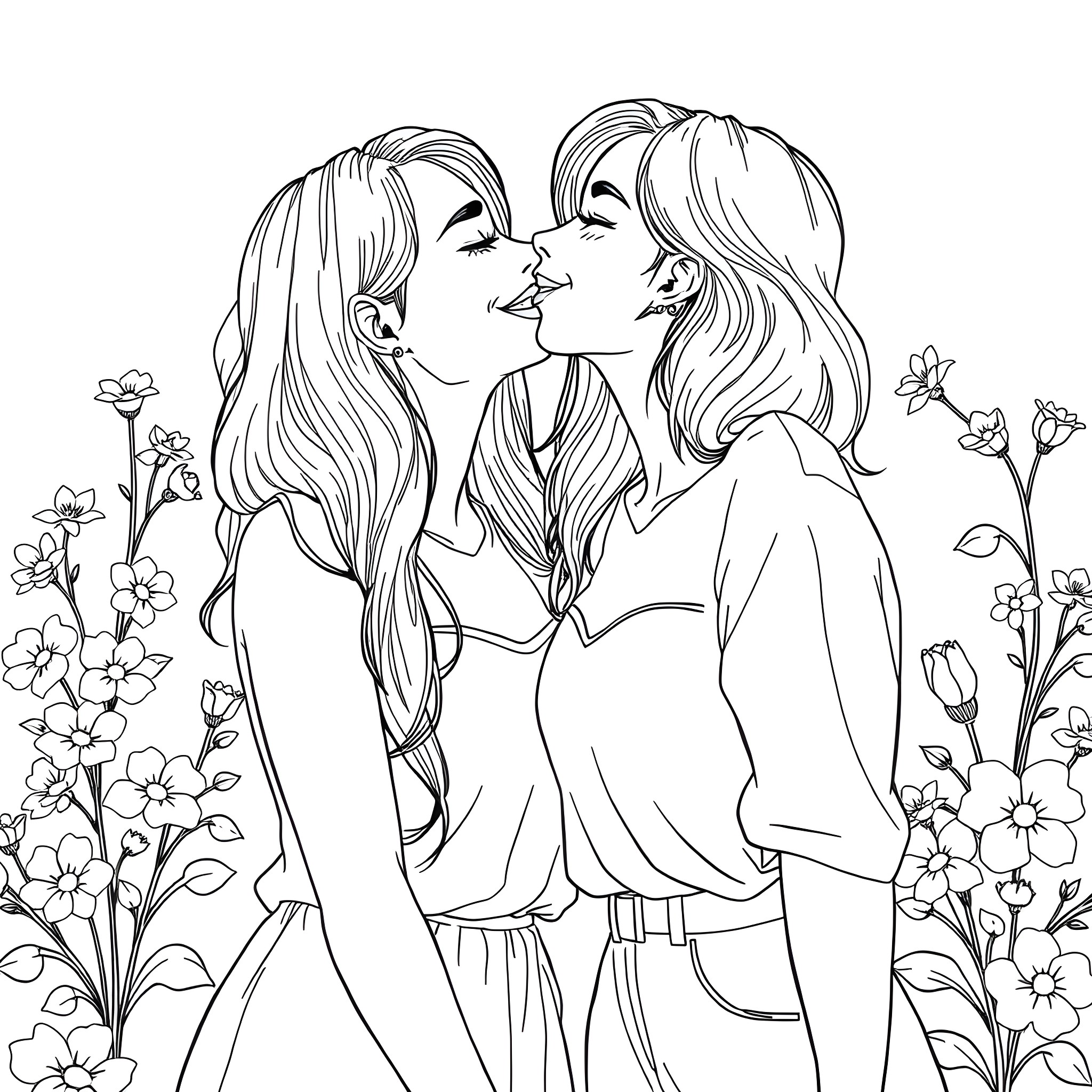 Chick Enjoying Floral Spring Moment Coloring Page (free black-and-white line drawing printable PDF for all, from beginners to advanced learners, including children, teens, adults, and seniors)