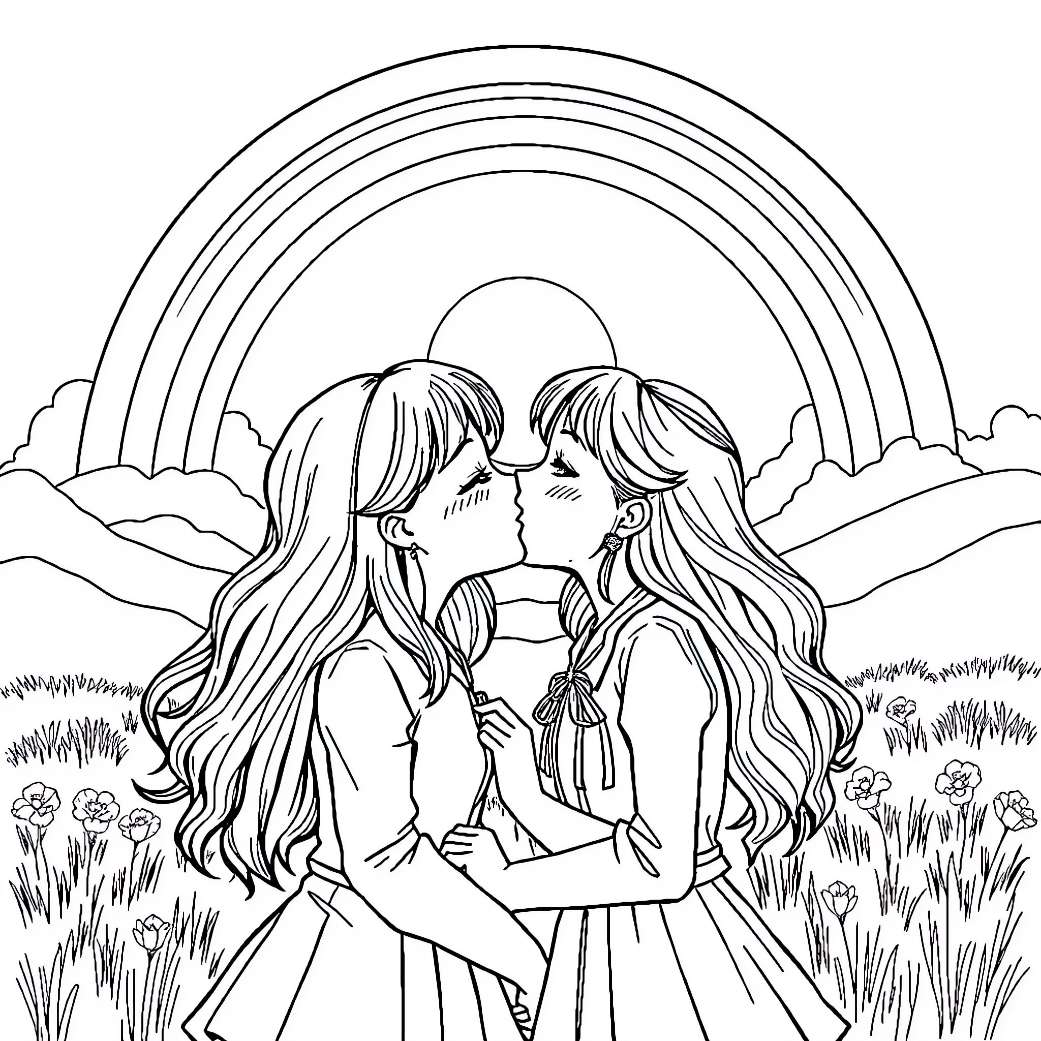 Girls Embracing in a Scenic Landscape Coloring Page (free black-and-white line drawing printable PDF for all, from beginners to advanced learners, including children, teens, adults, and seniors)