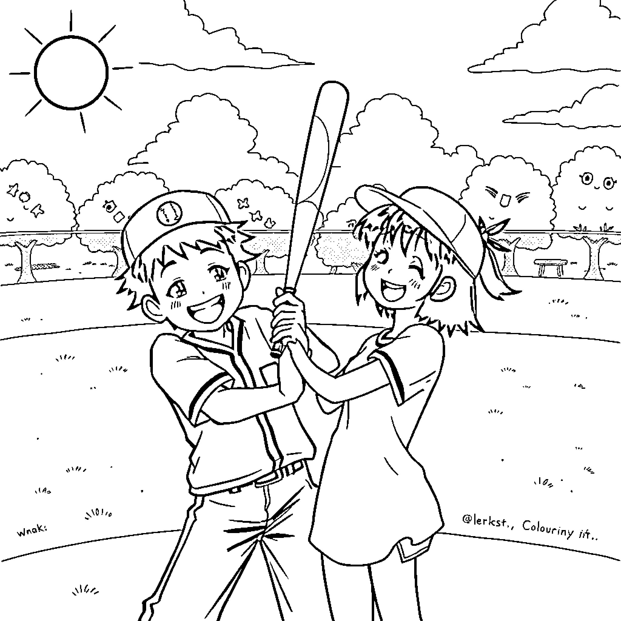 Tanjiro and friend playing baseball in the park Coloring Page (free black-and-white line drawing printable PDF for all, from beginners to advanced learners, including children, teens, adults, and seniors)