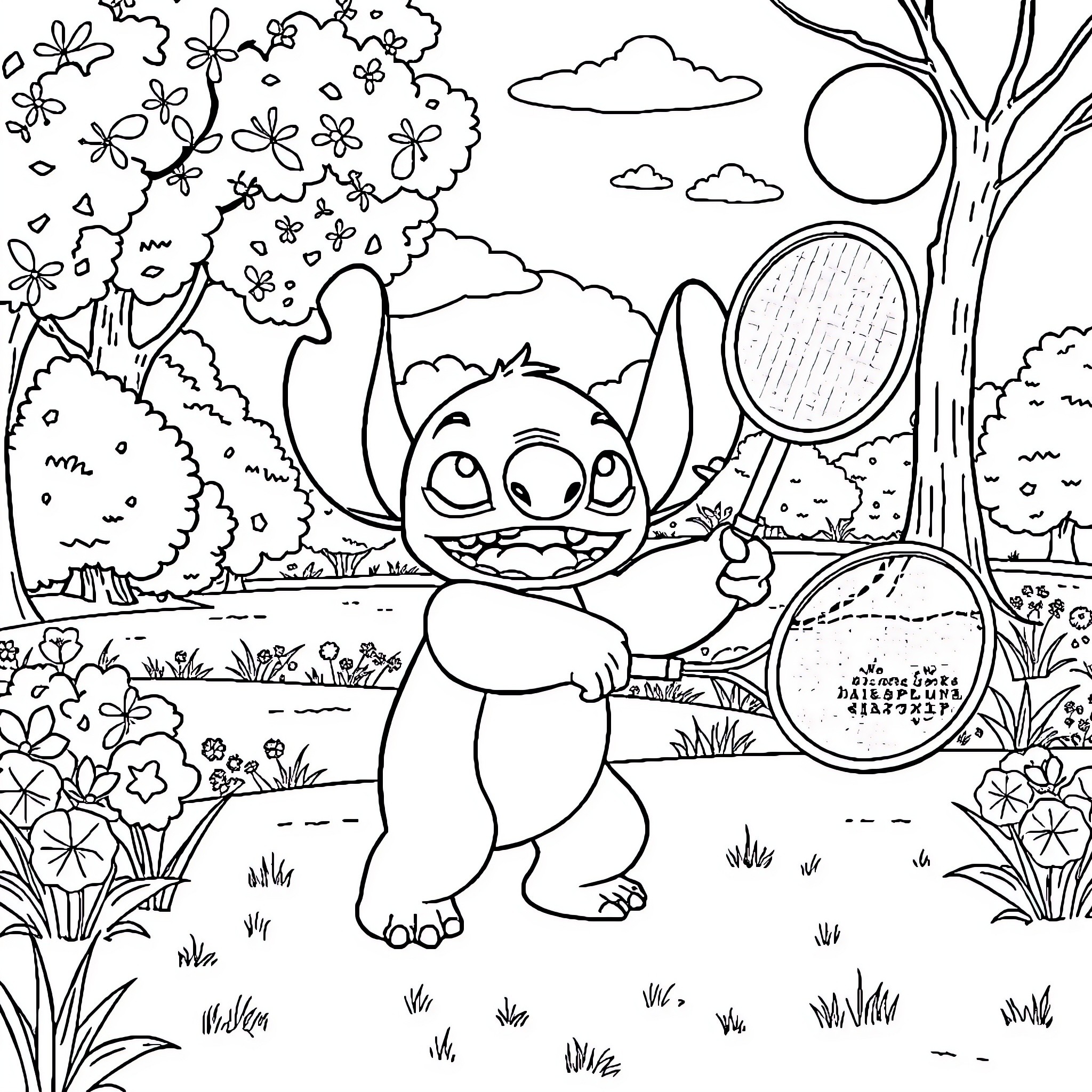 Stitch enjoying nature in a lush landscape Coloring Page (free black-and-white line drawing printable PDF for all, from beginners to advanced learners, including children, teens, adults, and seniors)