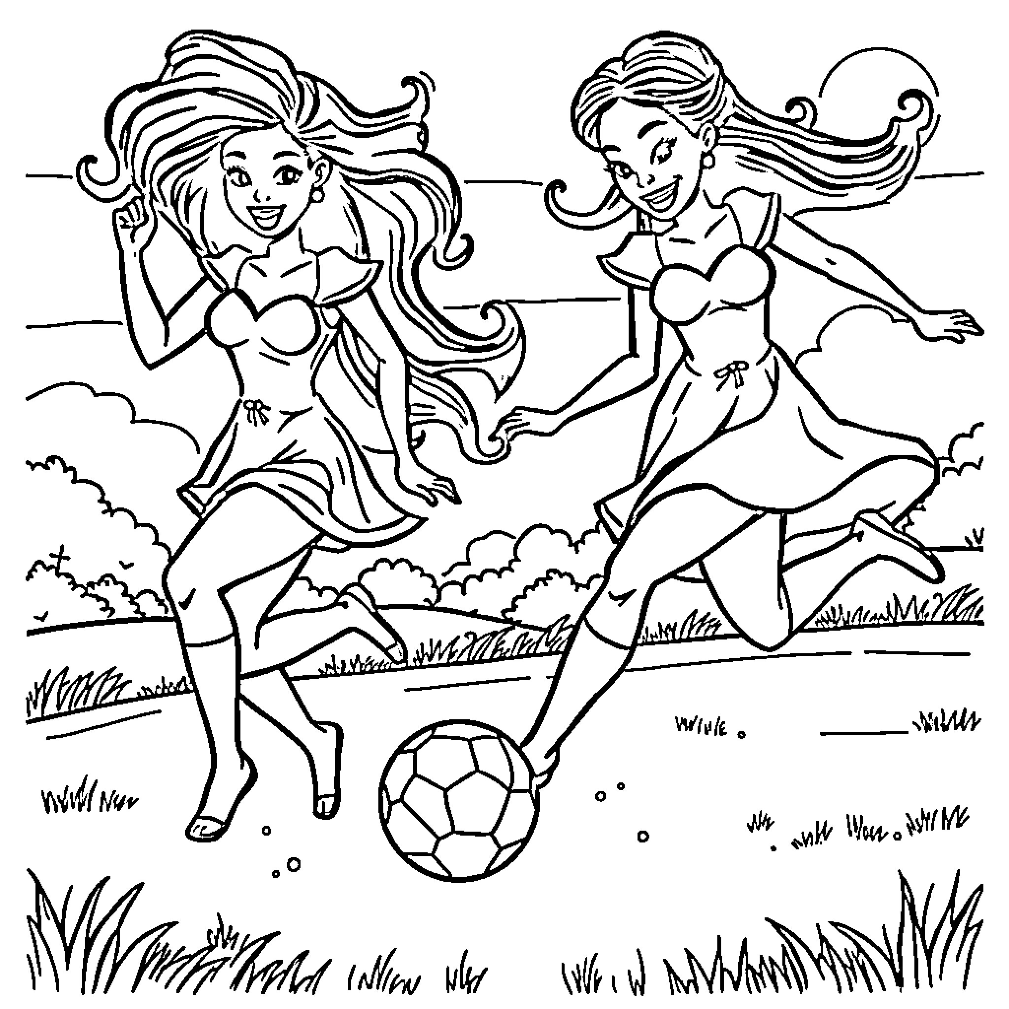 Princess Soccer Players Enjoying the Game Coloring Page (free black-and-white line drawing printable PDF for all, from beginners to advanced learners, including children, teens, adults, and seniors)