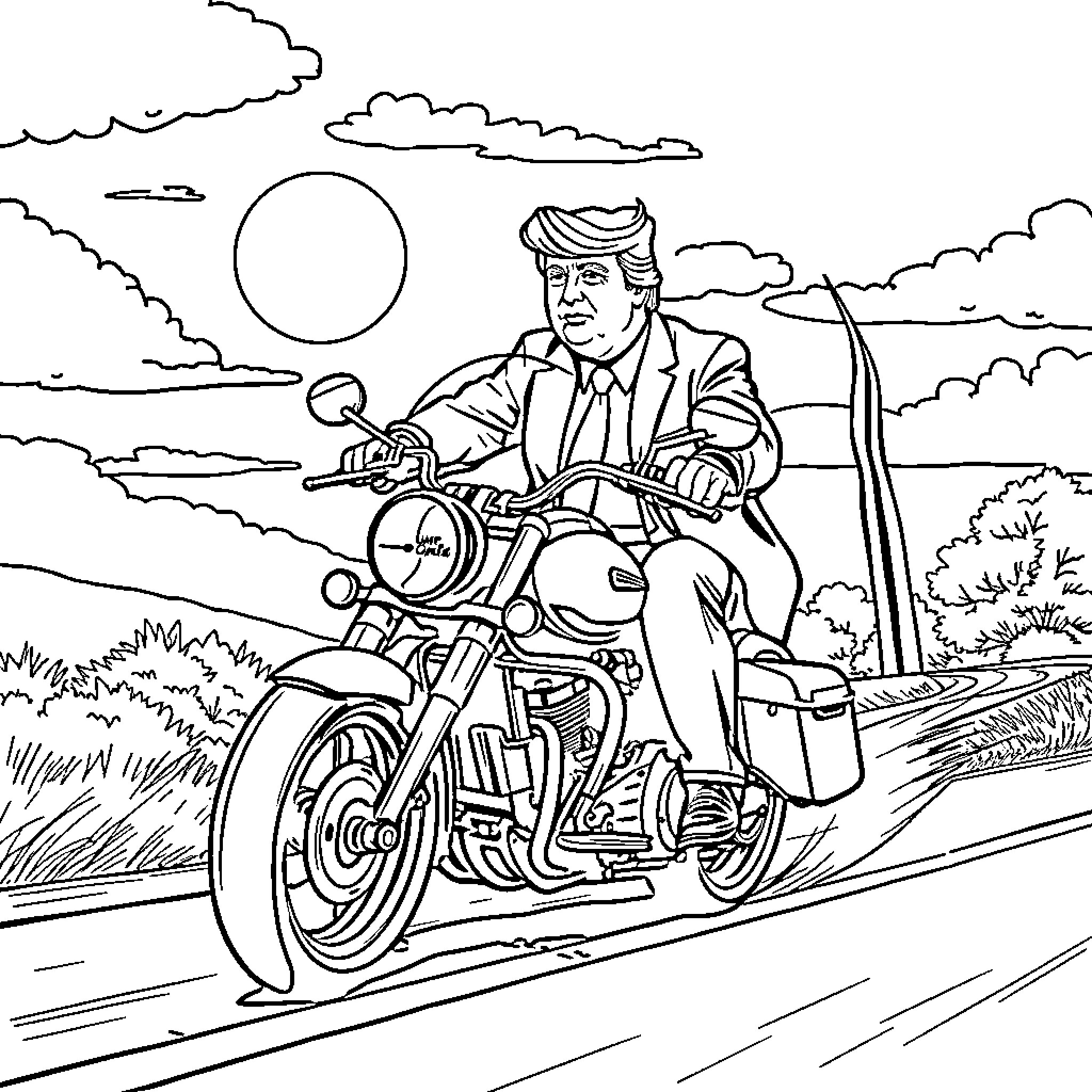 Trump riding motorcycle through scenic landscape Coloring Page (free black-and-white line drawing printable PDF for all, from beginners to advanced learners, including children, teens, adults, and seniors)