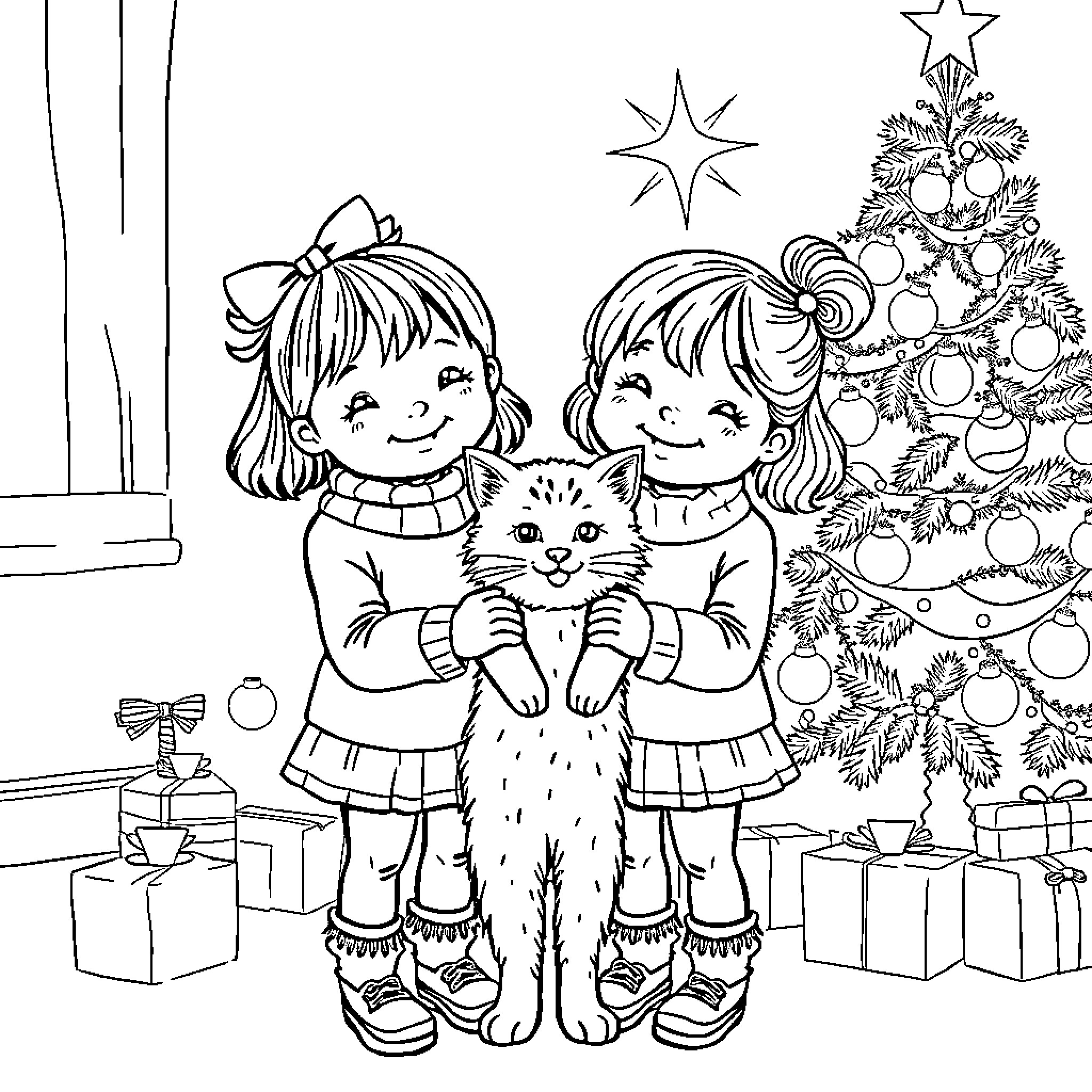 Girls playing with a pet cat near Christmas tree Coloring Page (free black-and-white line drawing printable PDF for all, from beginners to advanced learners, including children, teens, adults, and seniors)