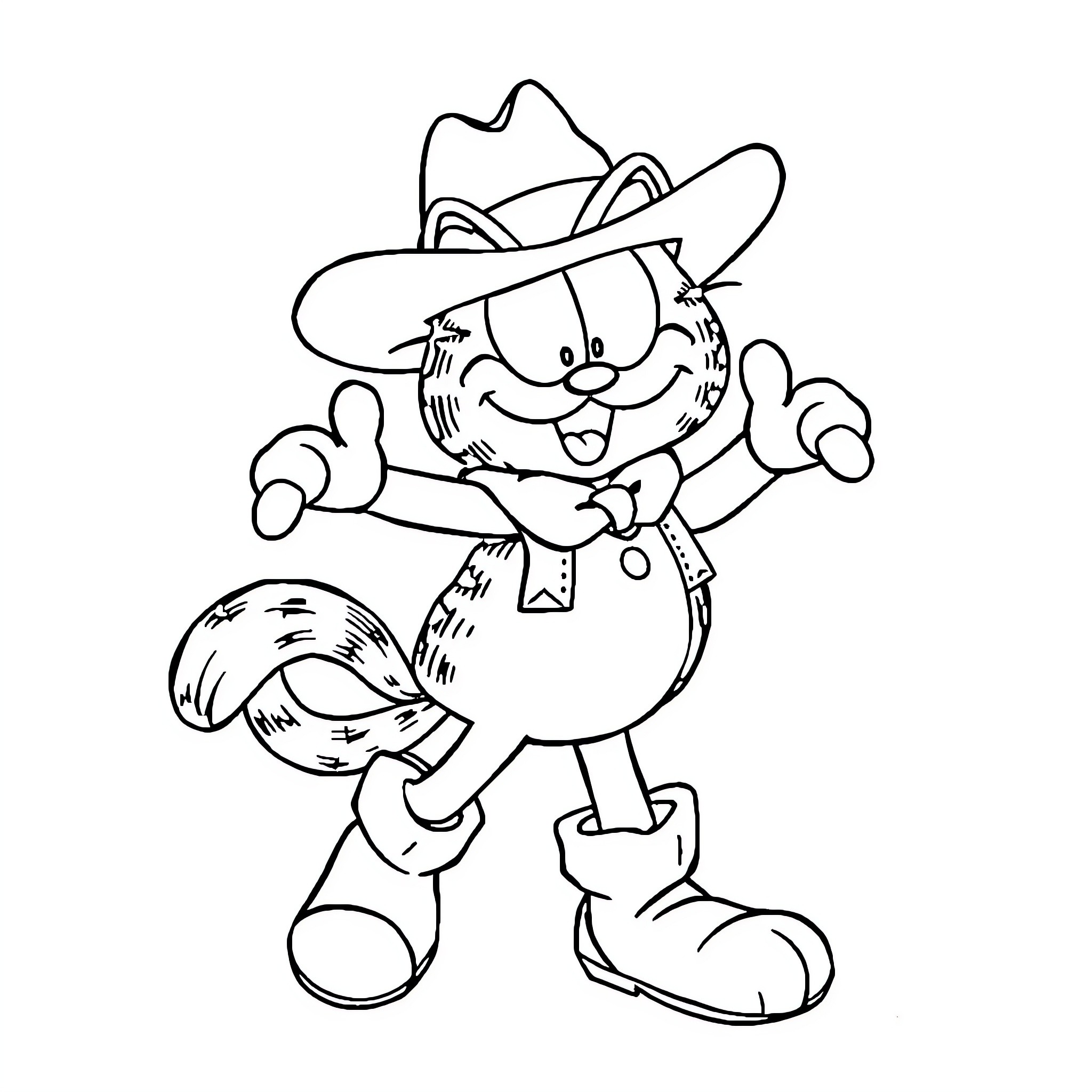 Garfield dressed as a cowboy with a big grin Coloring Page (free black-and-white line drawing printable PDF for all, from beginners to advanced learners, including children, teens, adults, and seniors)