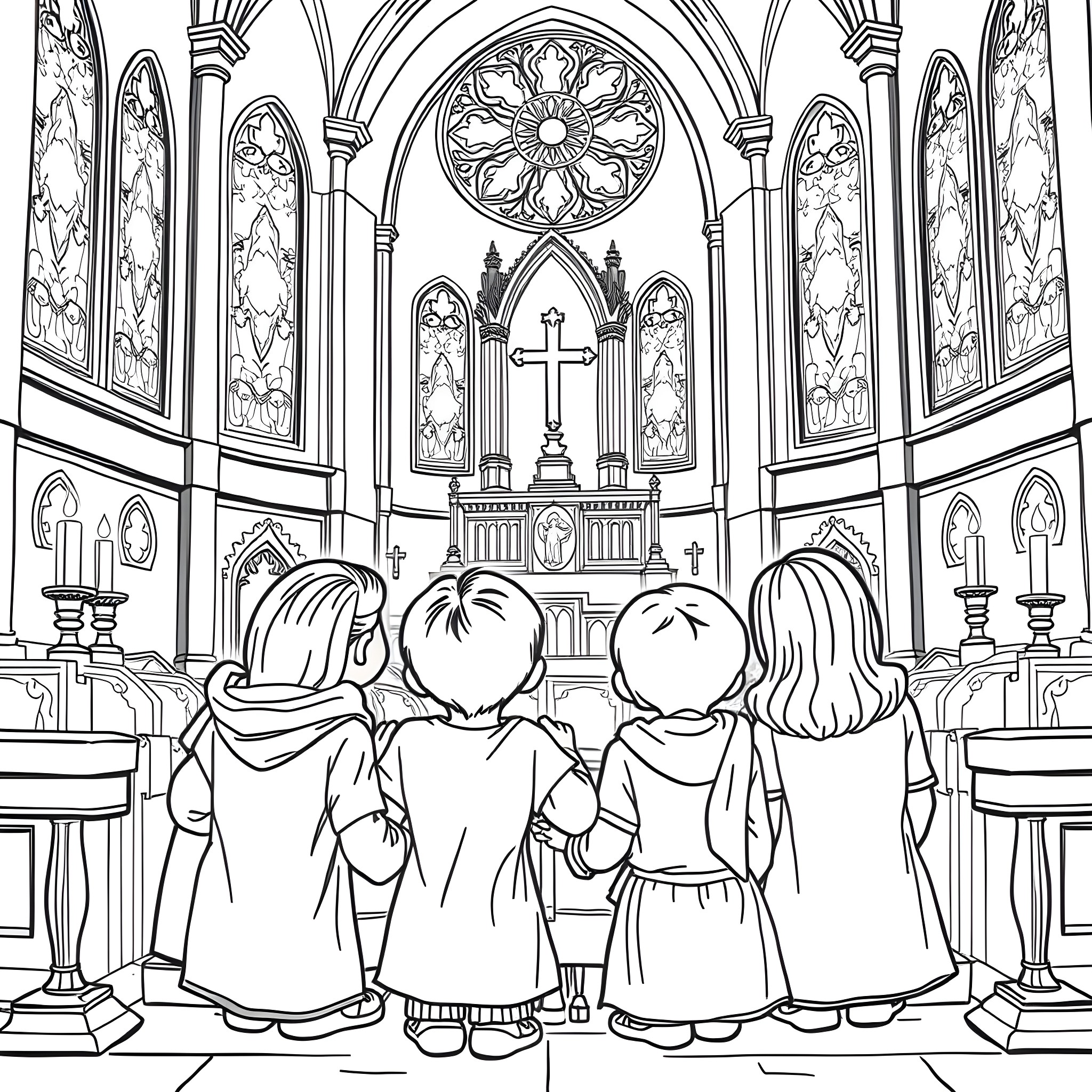 Kids attending a church service Coloring Page (free black-and-white line drawing printable PDF for all, from beginners to advanced learners, including children, teens, adults, and seniors)
