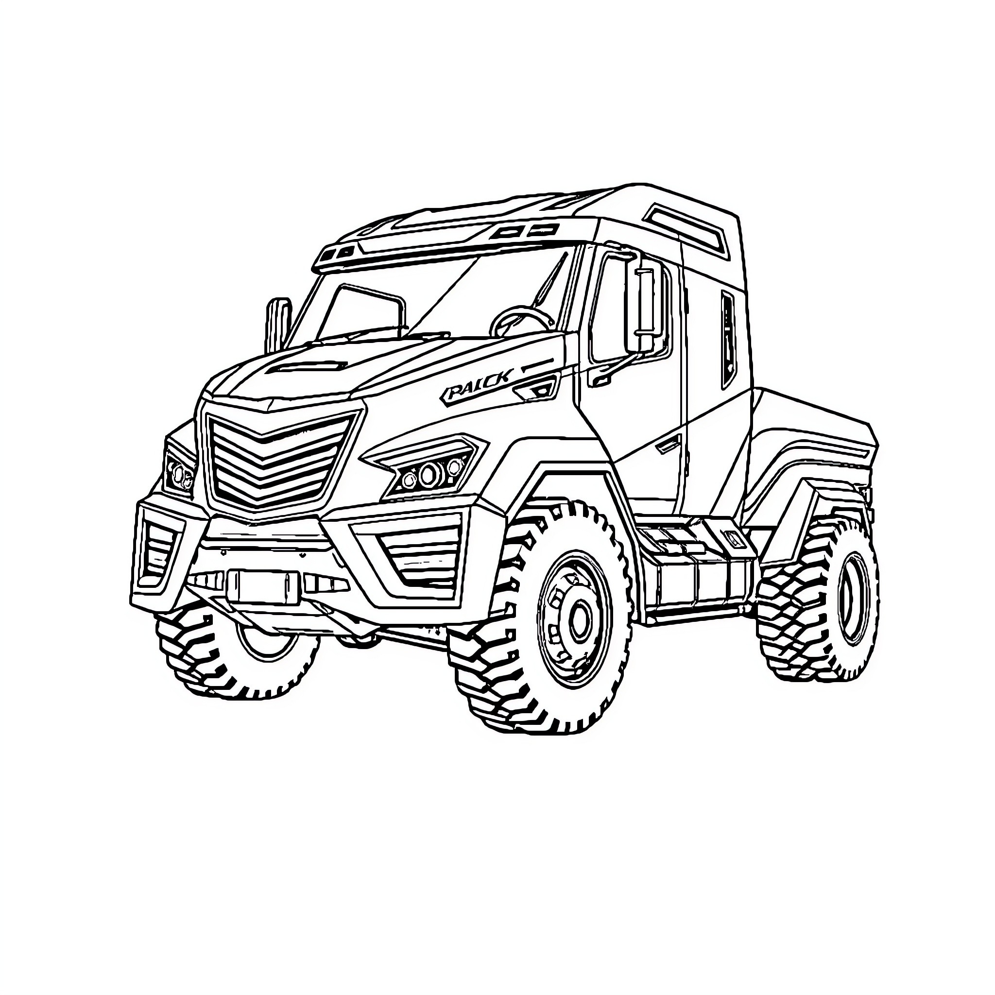 Cyber Truck with Rugged Off-Road Design Coloring Page (free black-and-white line drawing printable PDF for all, from beginners to advanced learners, including children, teens, adults, and seniors)