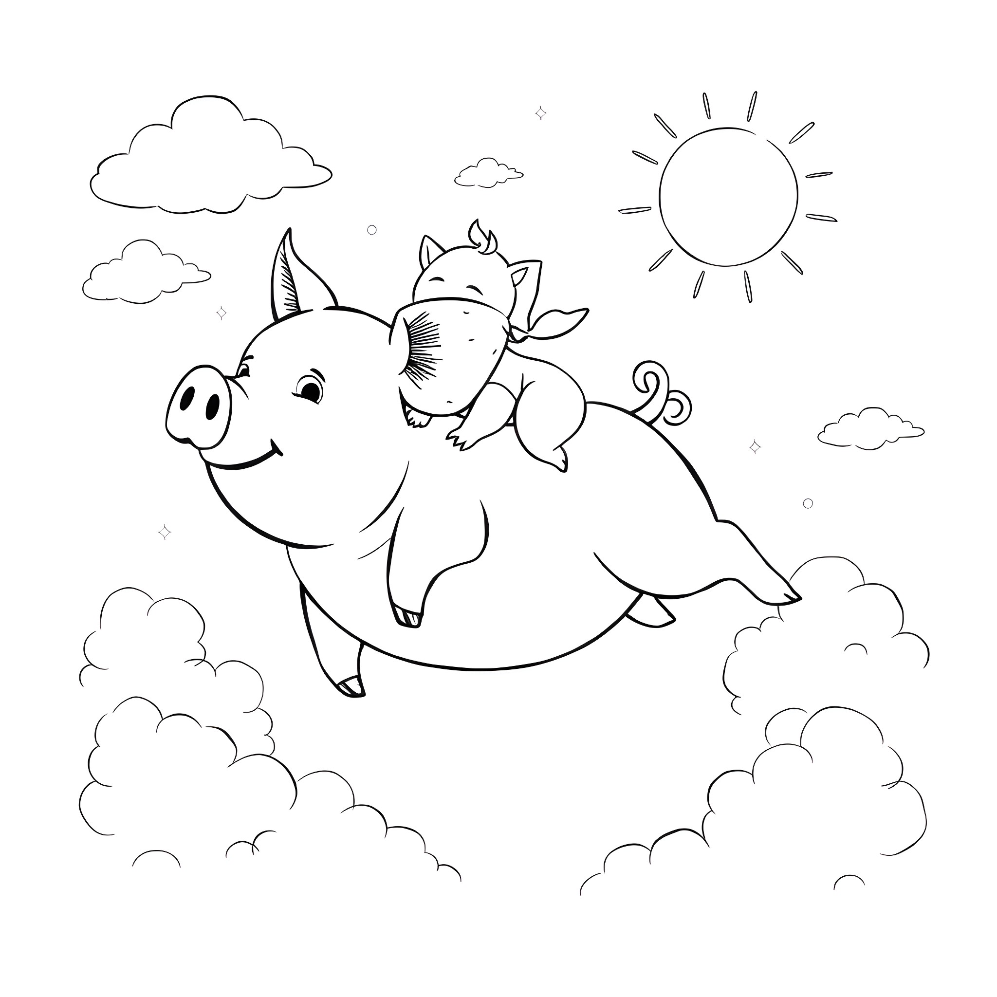 Pig flying happily in the sky Coloring Page (free black-and-white line drawing printable PDF for all, from beginners to advanced learners, including children, teens, adults, and seniors)