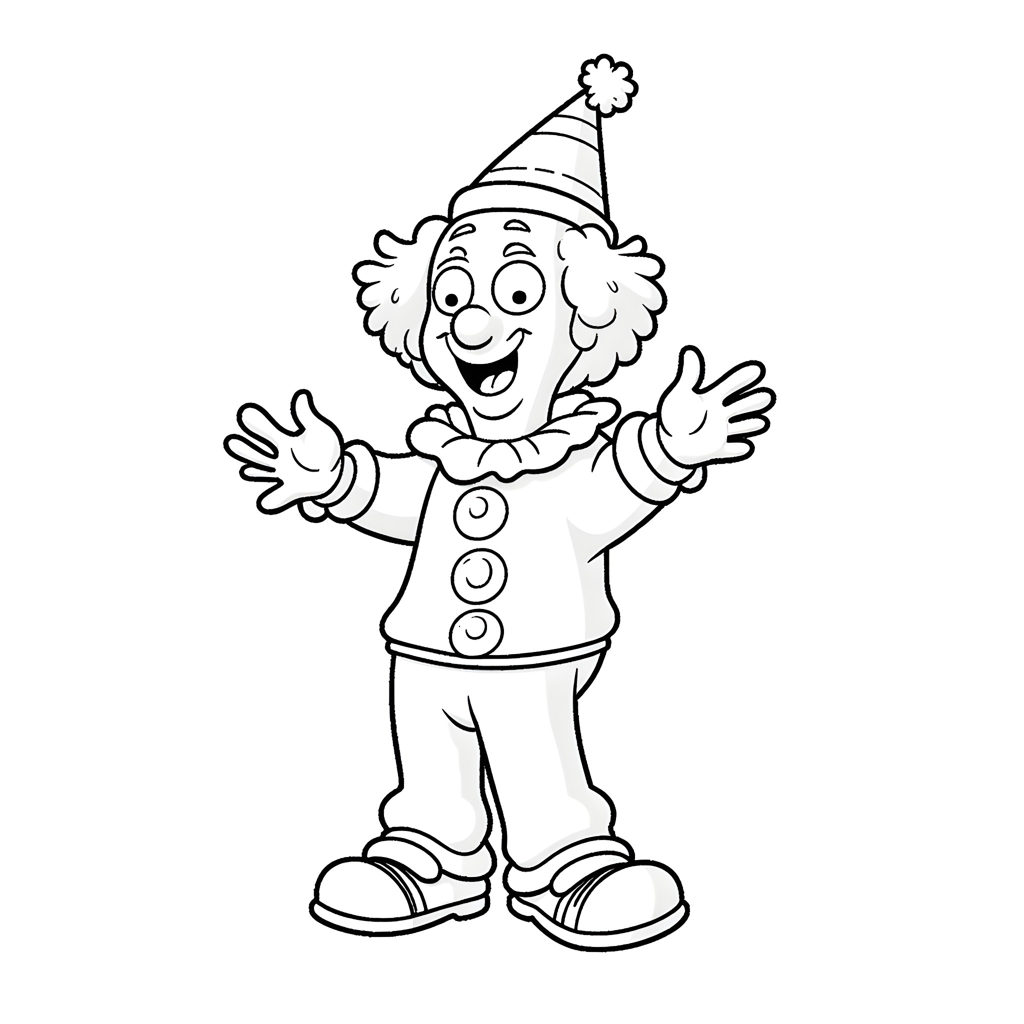Roger the Clown's Cheerful Antics Coloring Page (free black-and-white line drawing printable PDF for all, from beginners to advanced learners, including children, teens, adults, and seniors)
