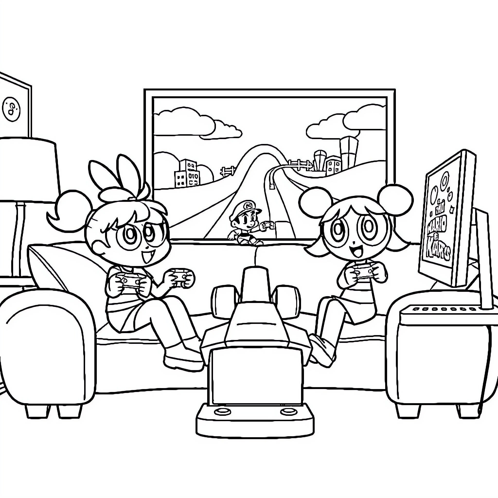 Powerpuff Girls playing video games in their room Coloring Page (free black-and-white line drawing printable PDF for all, from beginners to advanced learners, including children, teens, adults, and seniors)