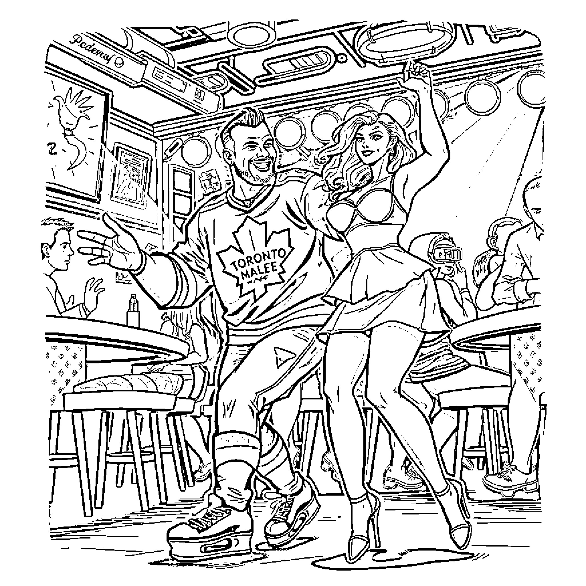 Tie Domi celebrating with cheerful companion Coloring Page (free black-and-white line drawing printable PDF for all, from beginners to advanced learners, including children, teens, adults, and seniors)