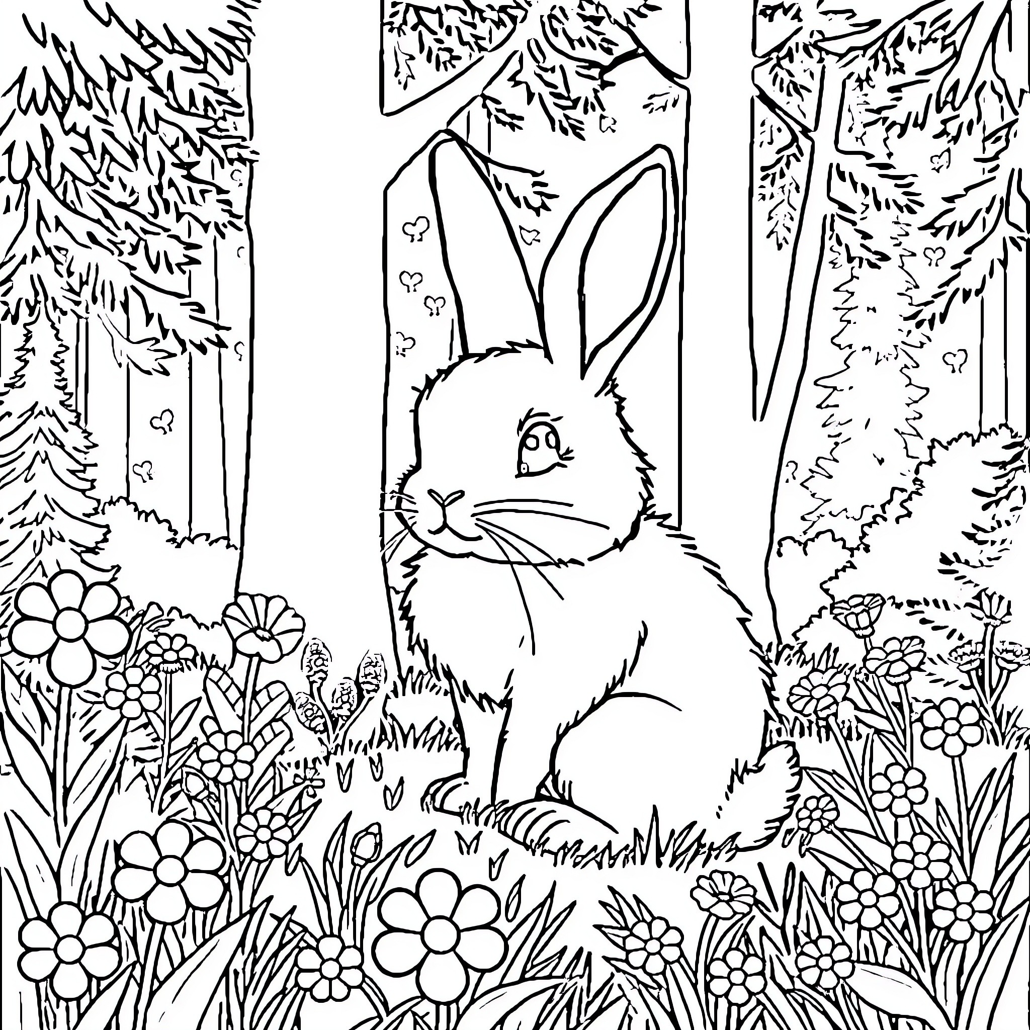 Rabbit in a Lush Forest Landscape Coloring Page (free black-and-white line drawing printable PDF for all, from beginners to advanced learners, including children, teens, adults, and seniors)