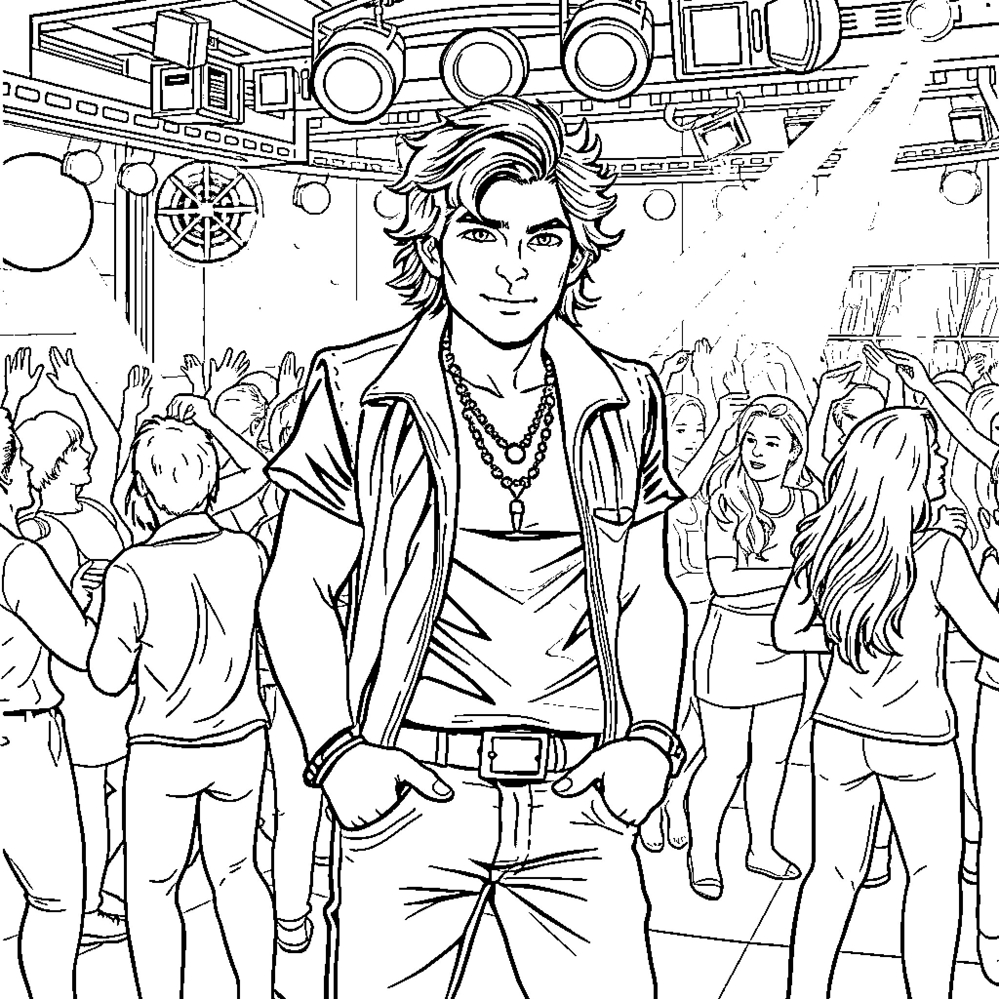 Varian Wrynn in a crowded social gathering Coloring Page (free black-and-white line drawing printable PDF for all, from beginners to advanced learners, including children, teens, adults, and seniors)