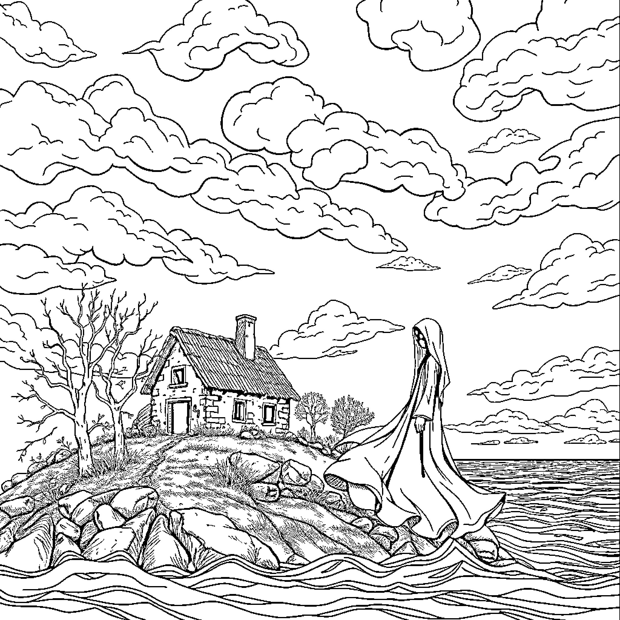 Ghost figure in a mysterious landscape Coloring Page (free black-and-white line drawing printable PDF for all, from beginners to advanced learners, including children, teens, adults, and seniors)