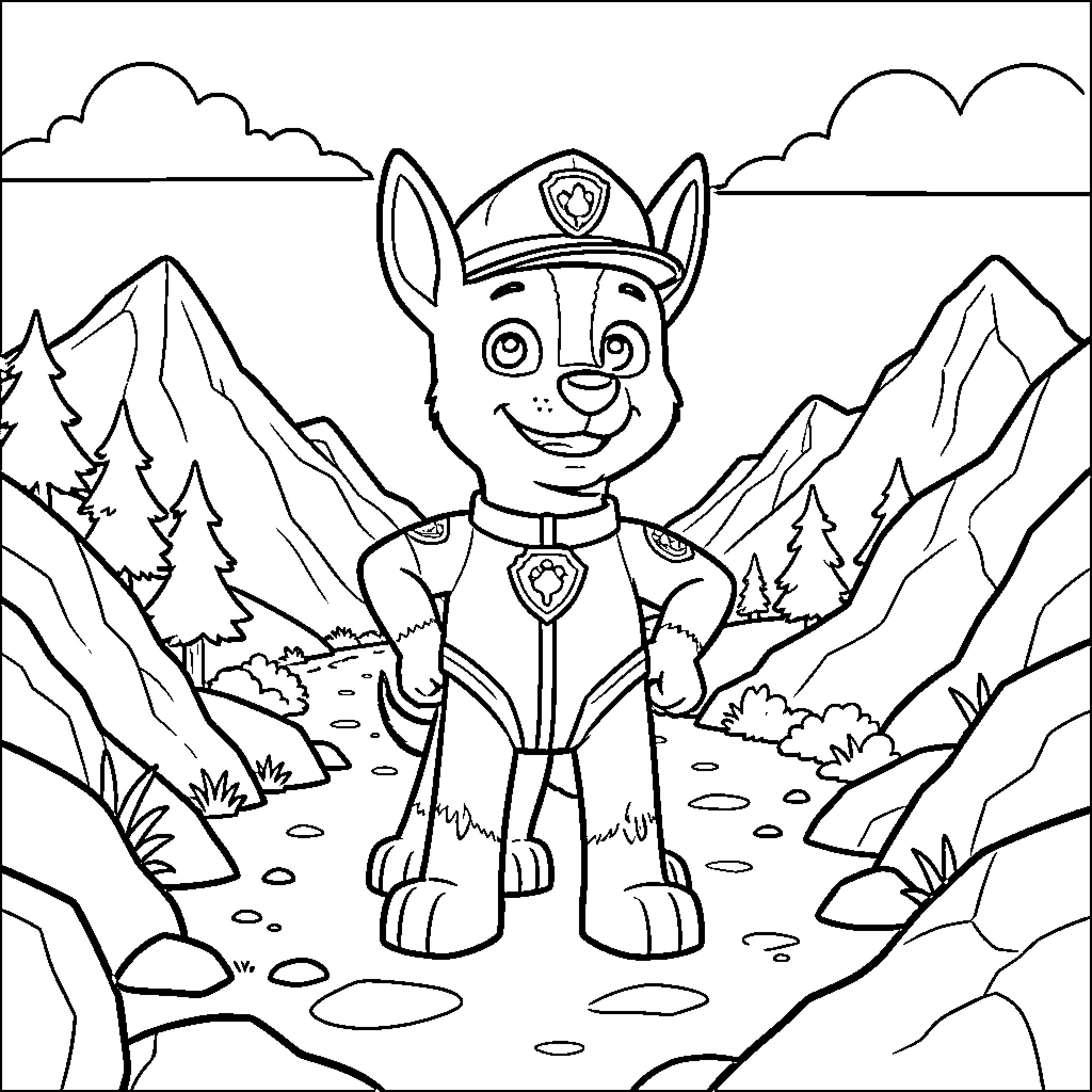 Marshall standing proudly in a mountain landscape Coloring Page (free black-and-white line drawing printable PDF for all, from beginners to advanced learners, including children, teens, adults, and seniors)