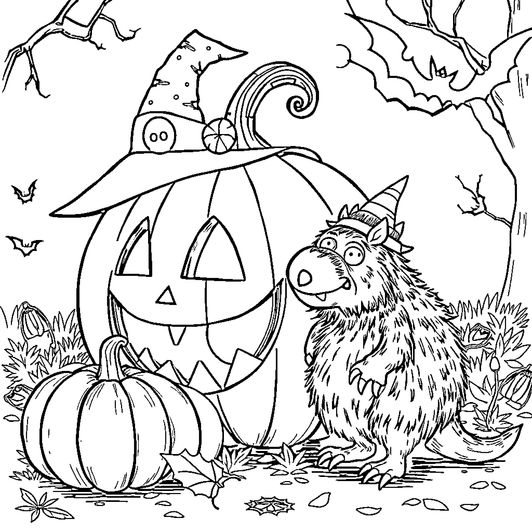 Pumpkin, Witch Hat, and Furry Creature in Autumn Scenery Coloring Page (free black-and-white line drawing printable PDF for all, from beginners to advanced learners, including children, teens, adults, and seniors)
