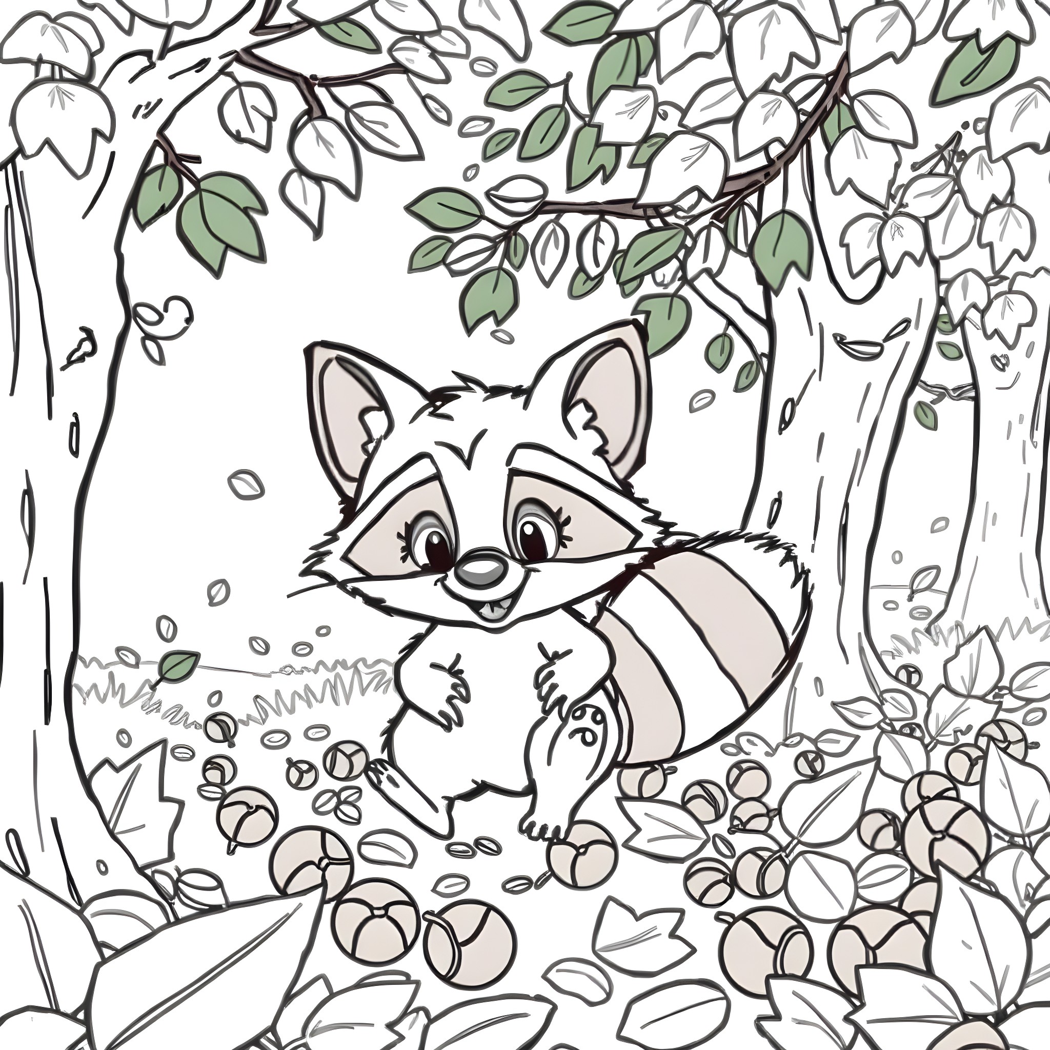 Meeko the Curious Raccoon in the Enchanted Forest Coloring Page (free black-and-white line drawing printable PDF for all, from beginners to advanced learners, including children, teens, adults, and seniors)