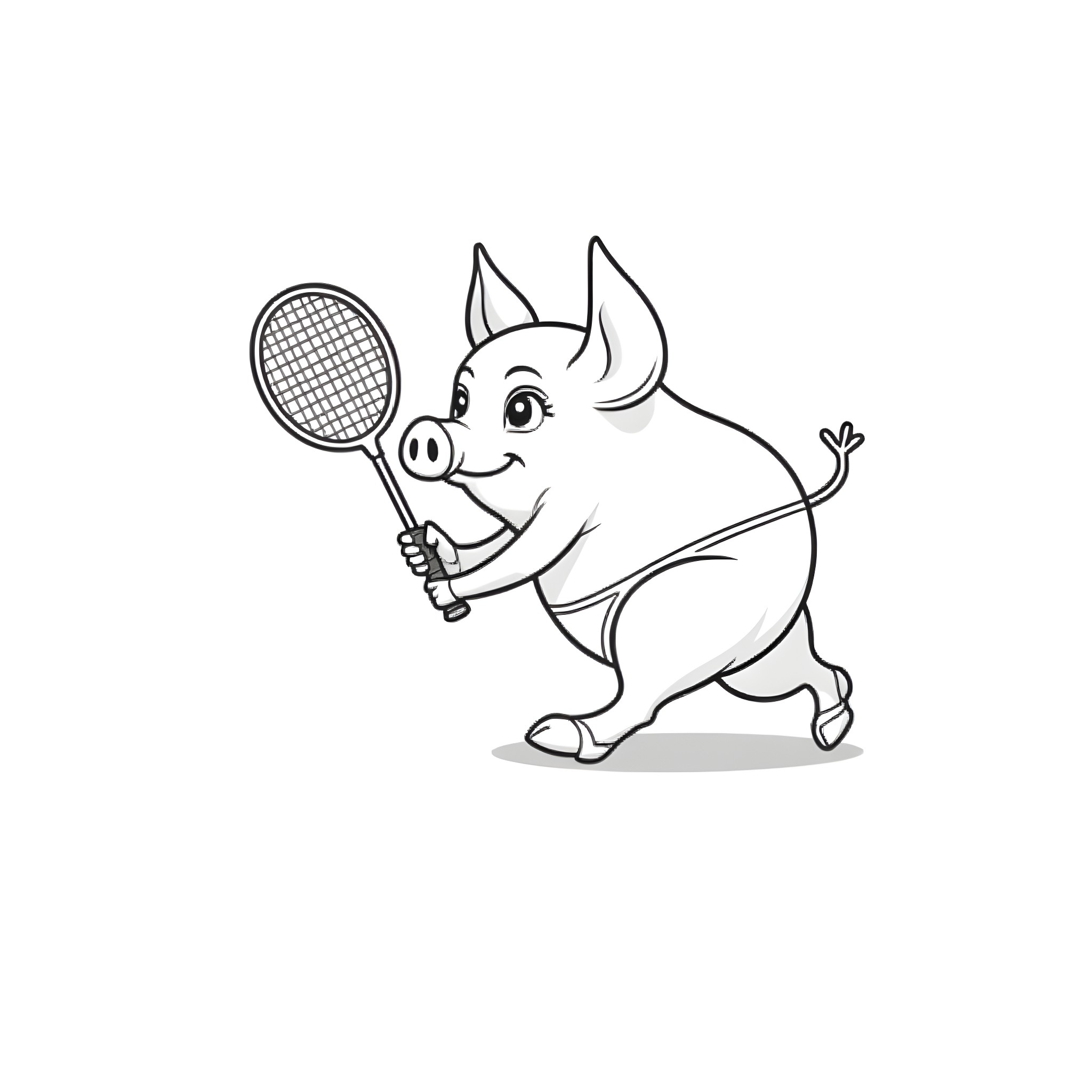 Pig playing tennis with a racket Coloring Page (free black-and-white line drawing printable PDF for all, from beginners to advanced learners, including children, teens, adults, and seniors)