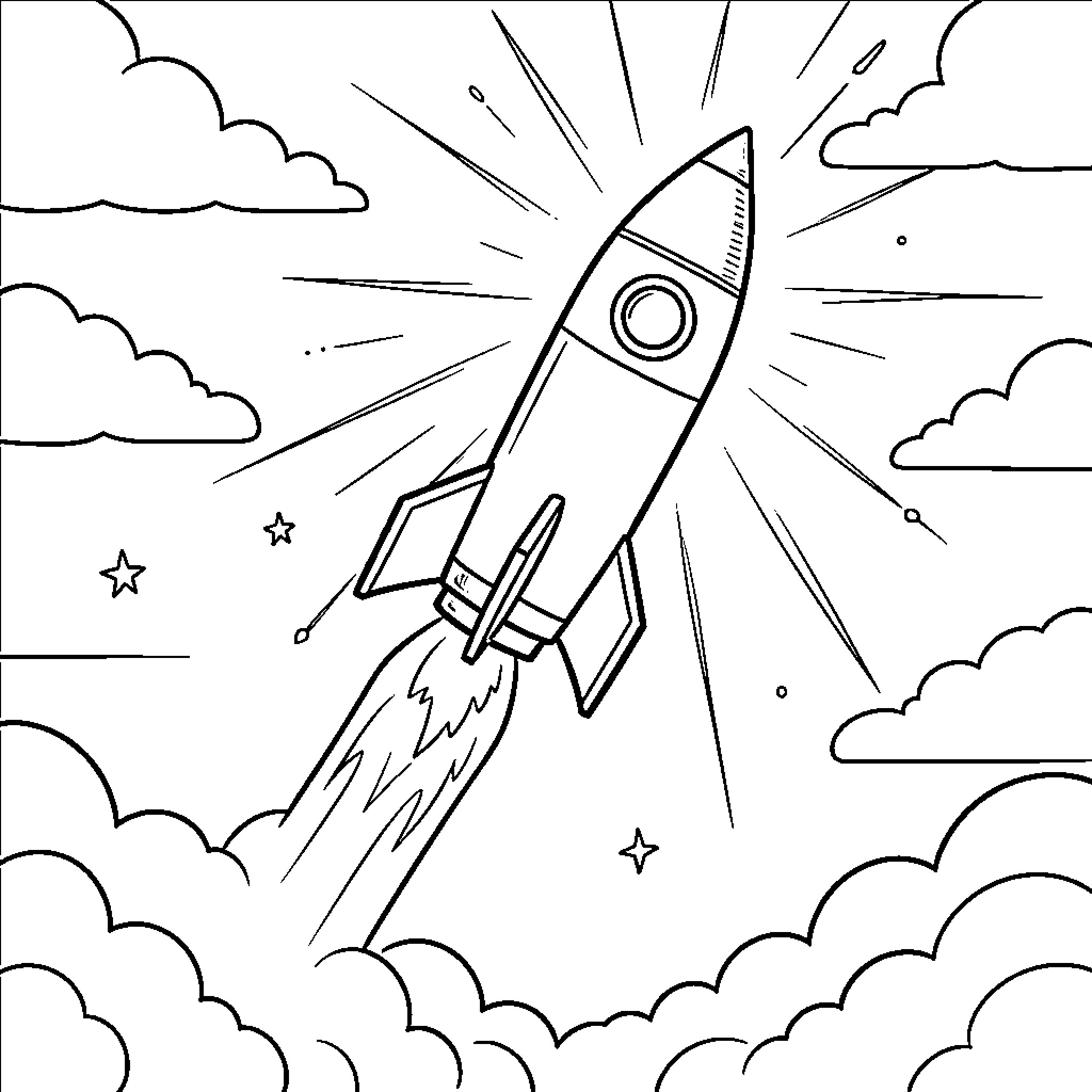 Rocket Blasting Off into the Starry Sky Coloring Page (free black-and-white line drawing printable PDF for all, from beginners to advanced learners, including children, teens, adults, and seniors)