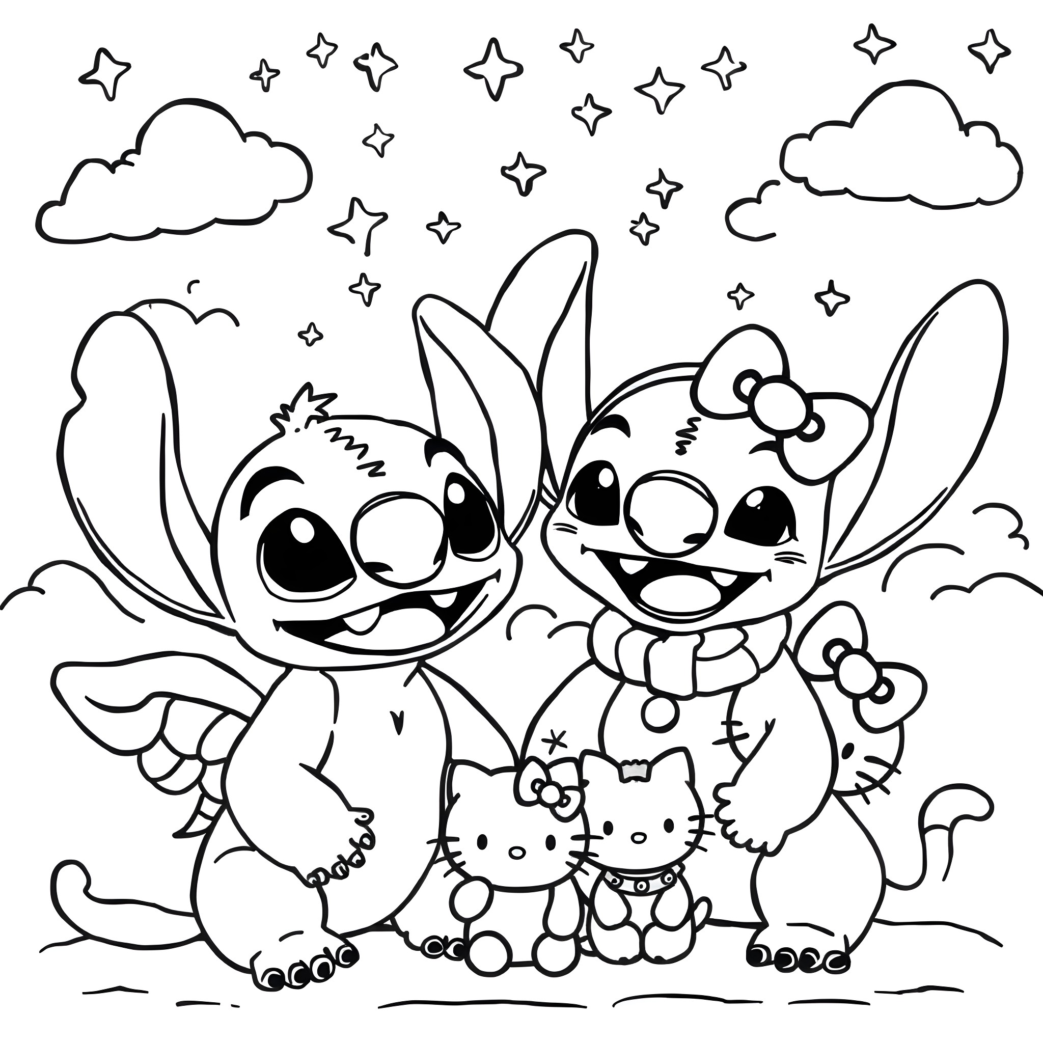 Stitch and Lilo happily playing under the starry night sky Coloring Page (free black-and-white line drawing printable PDF for all, from beginners to advanced learners, including children, teens, adults, and seniors)