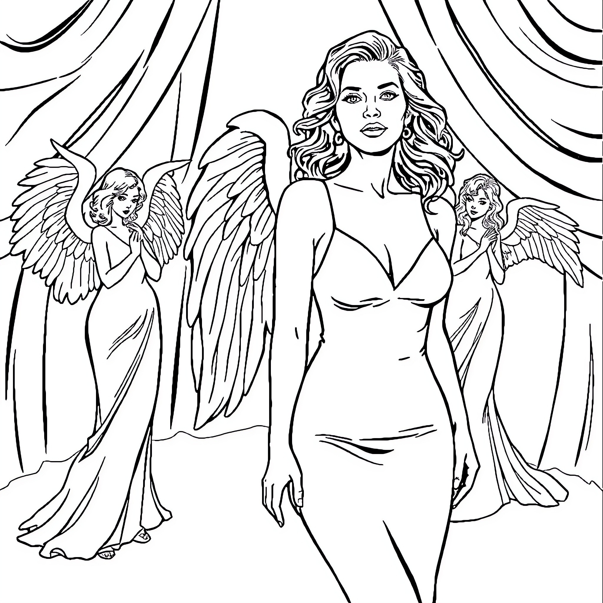 Miranda Kerr as a Heavenly Angel Coloring Page (free black-and-white line drawing printable PDF for all, from beginners to advanced learners, including children, teens, adults, and seniors)
