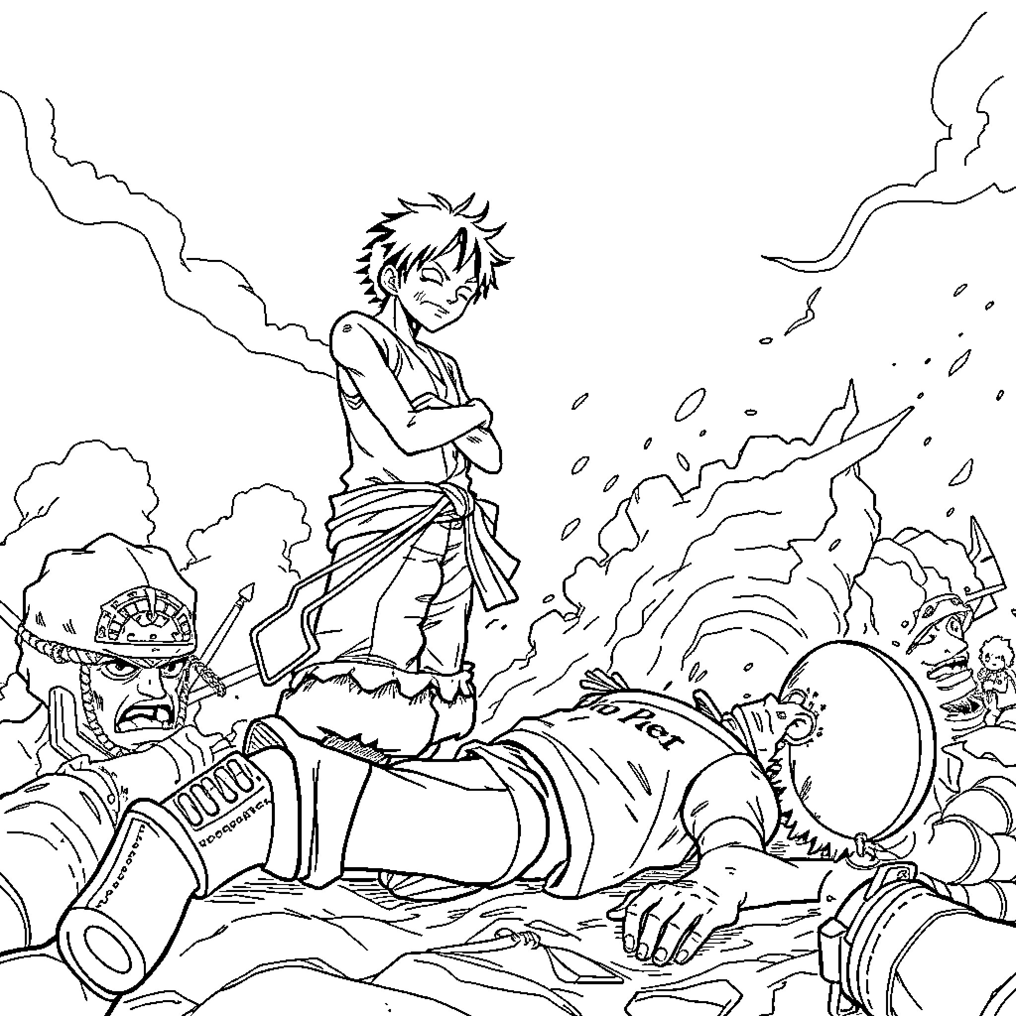 Monkey D Luffy standing amidst chaos and destruction Coloring Page (free black-and-white line drawing printable PDF for all, from beginners to advanced learners, including children, teens, adults, and seniors)