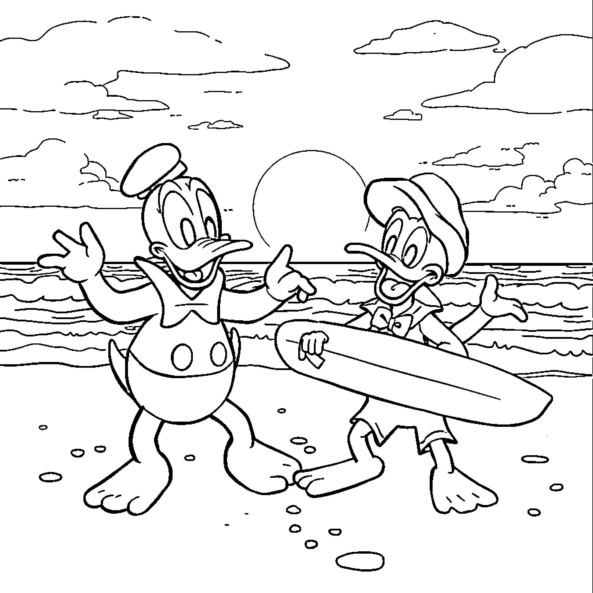 Donald Duck and friend enjoying beach activities Coloring Page (free black-and-white line drawing printable PDF for all, from beginners to advanced learners, including children, teens, adults, and seniors)