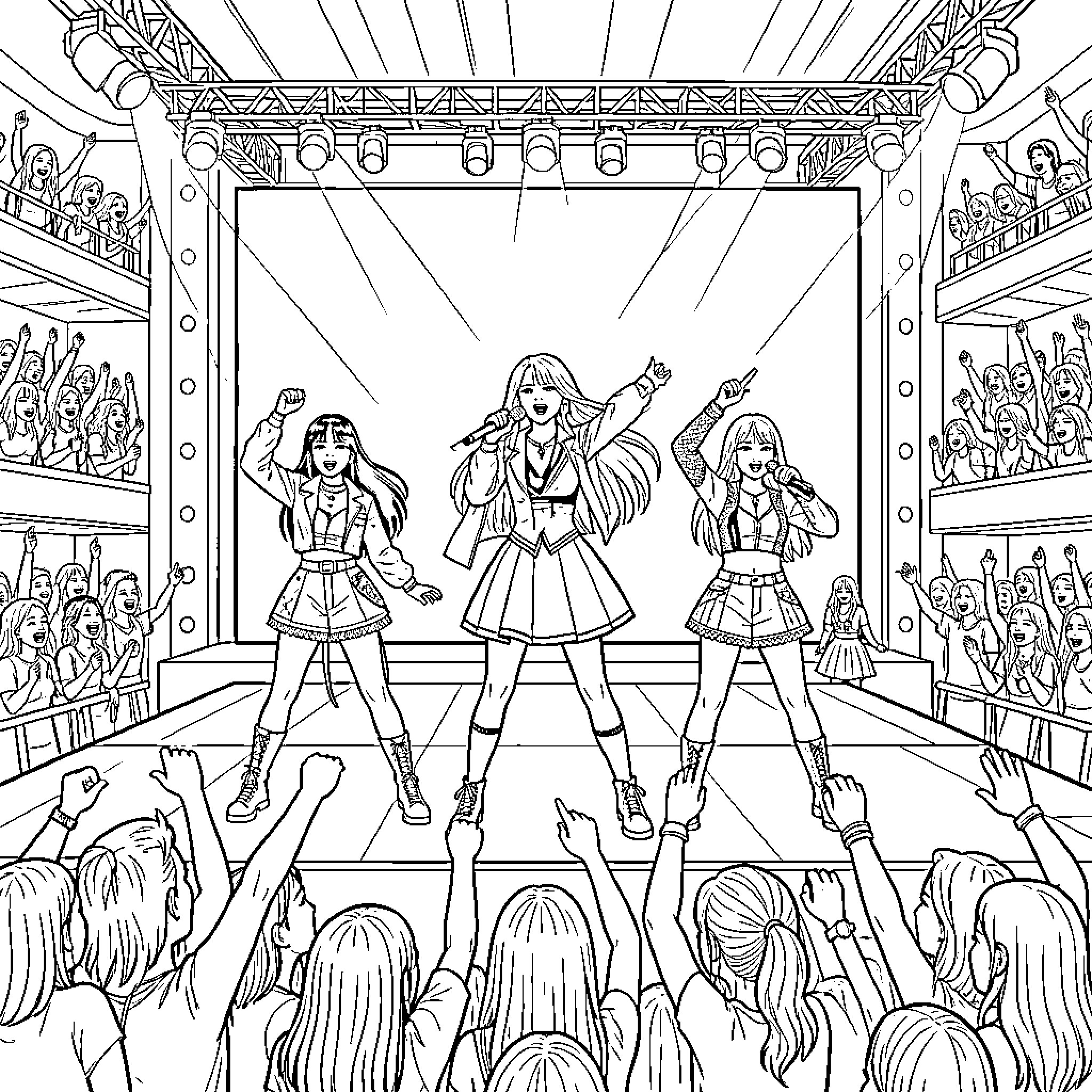 Blackpink performing energetic songs on a concert stage Coloring Page (free black-and-white line drawing printable PDF for all, from beginners to advanced learners, including children, teens, adults, and seniors)
