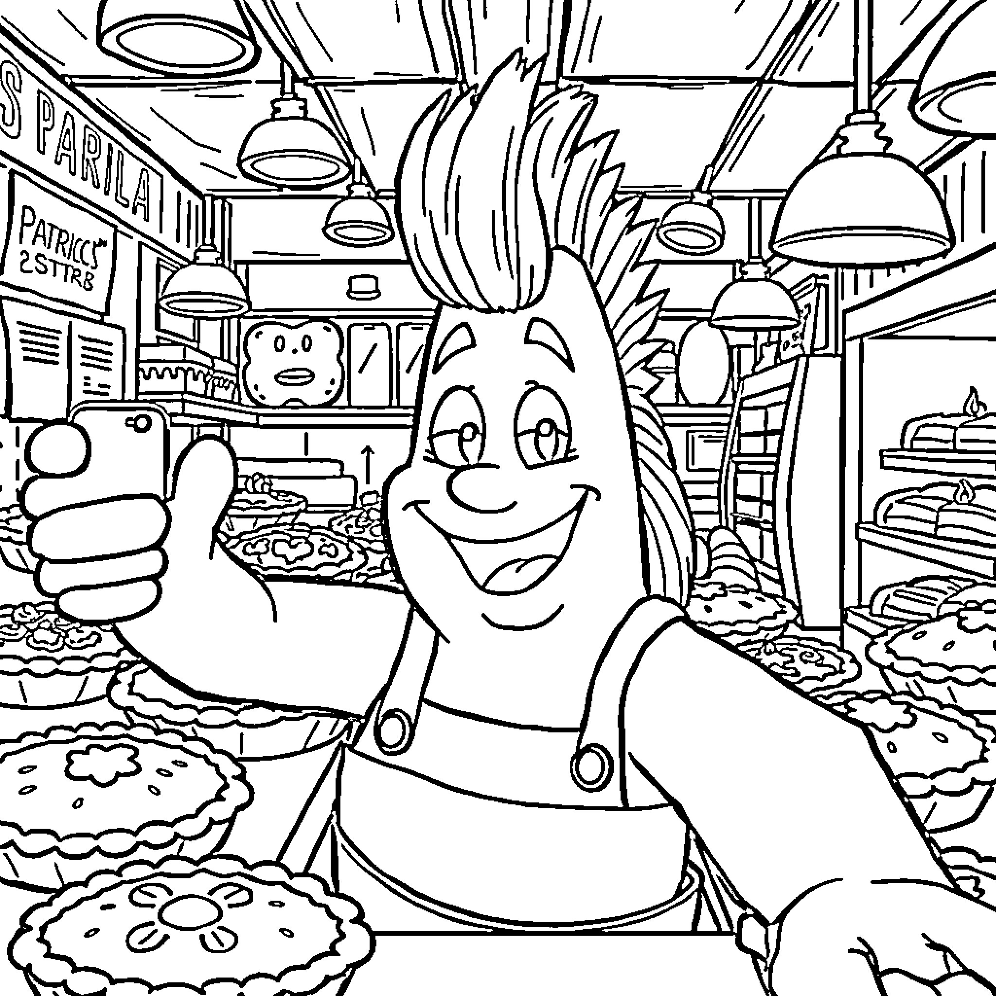 Patrick Star Enjoys a Tasty Treat at the Diner Coloring Page (free black-and-white line drawing printable PDF for all, from beginners to advanced learners, including children, teens, adults, and seniors)