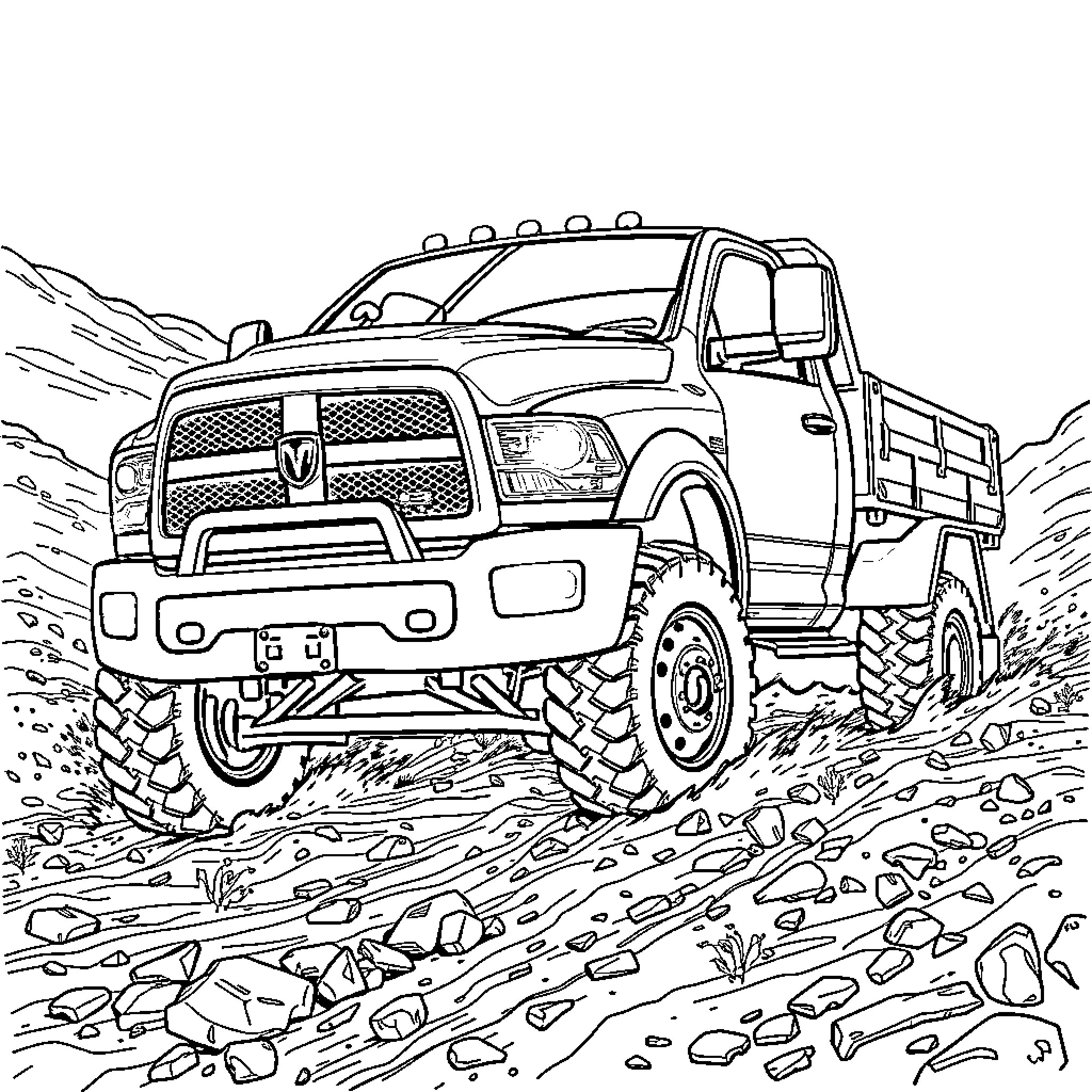 Ram Truck navigating rugged terrain Coloring Page (free black-and-white line drawing printable PDF for all, from beginners to advanced learners, including children, teens, adults, and seniors)