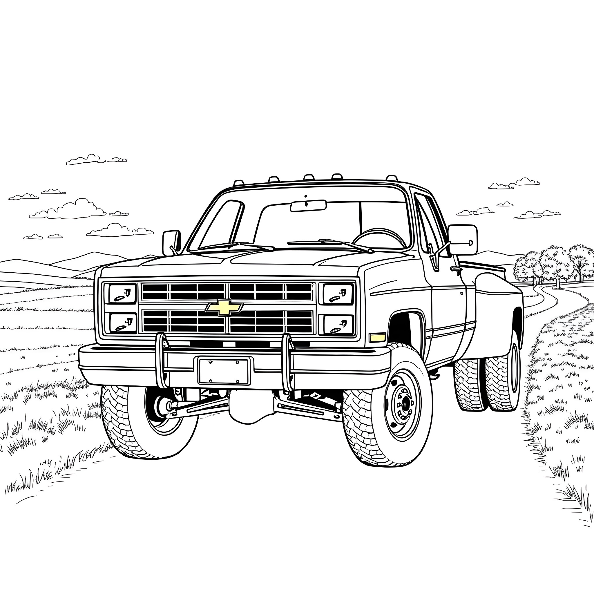 Chevy pickup truck on a rural road Coloring Page (free black-and-white line drawing printable PDF for all, from beginners to advanced learners, including children, teens, adults, and seniors)